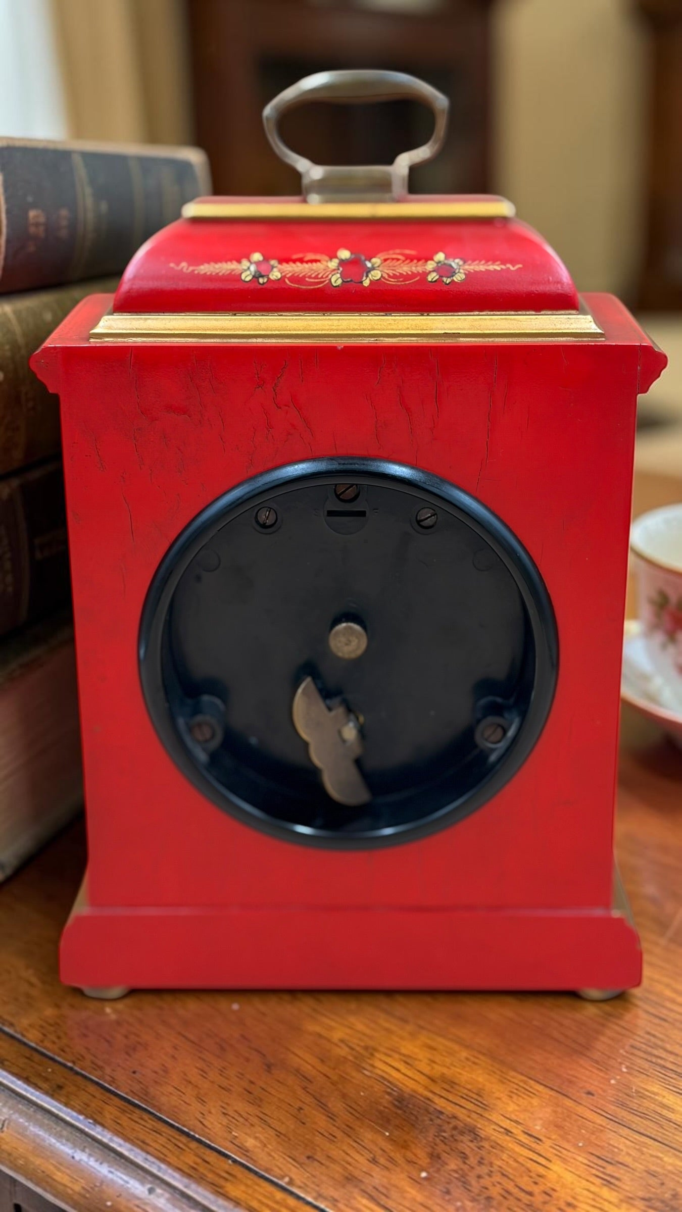 Vintage Elliott London Chinoiserie Mantel Clock – Red Lacquer English Bracket Clock – Made in England