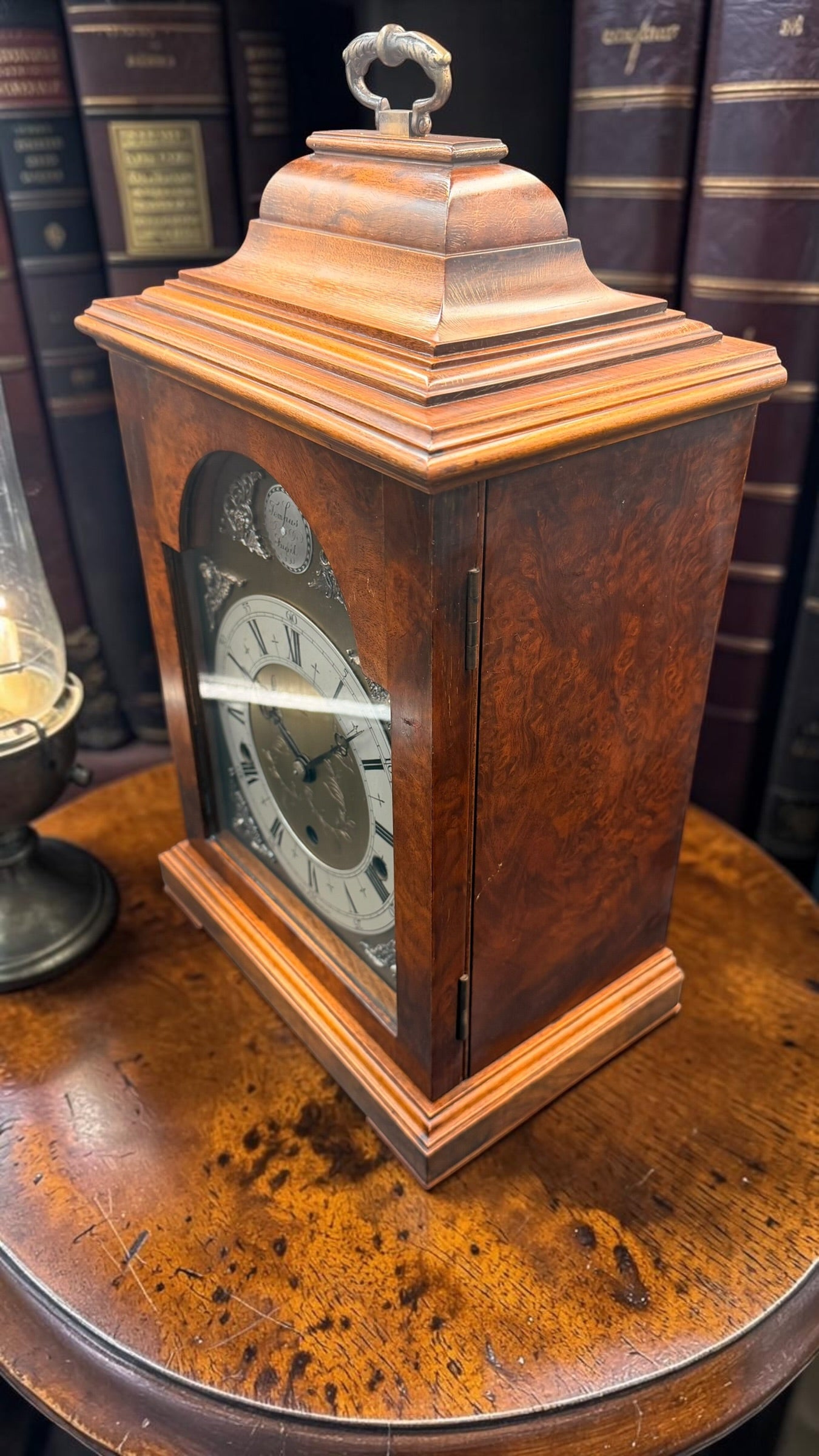 Elliott London Westminster Chime Mantel Clock – Burl Walnut Cabinet,  Mechanical Pendulum Movement