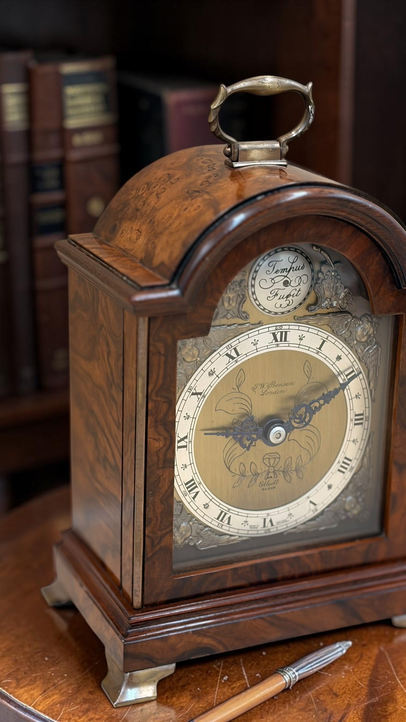 Vintage Elliott of London Burr Walnut Bracket Clock – English 8-Day Time-Only Mechanical Mantel Clock – Freshly Serviced