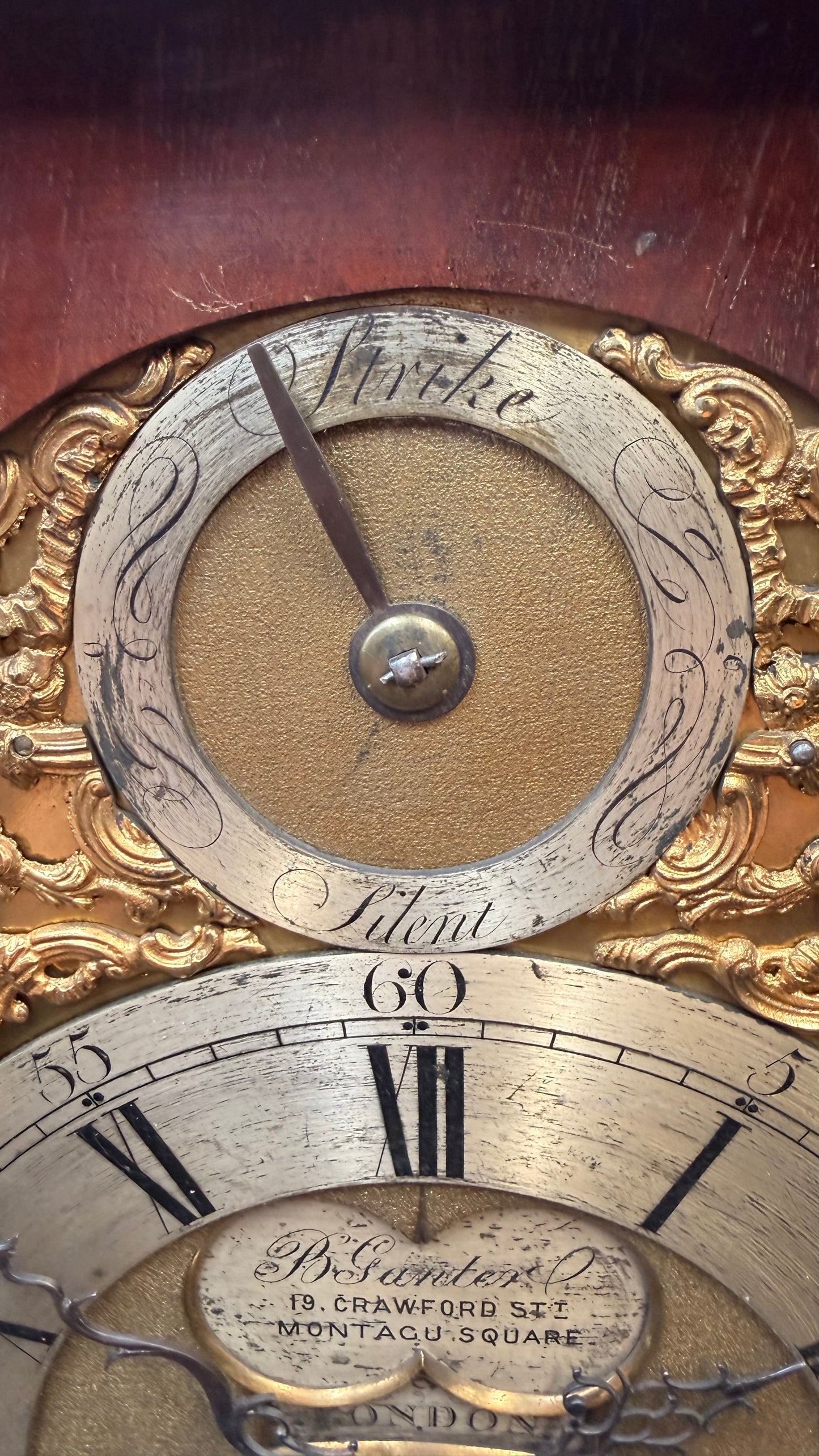 Ornate English Style Mahogany Bracket Clock Case – Brass Dial Display Clock – Restoration Candidate