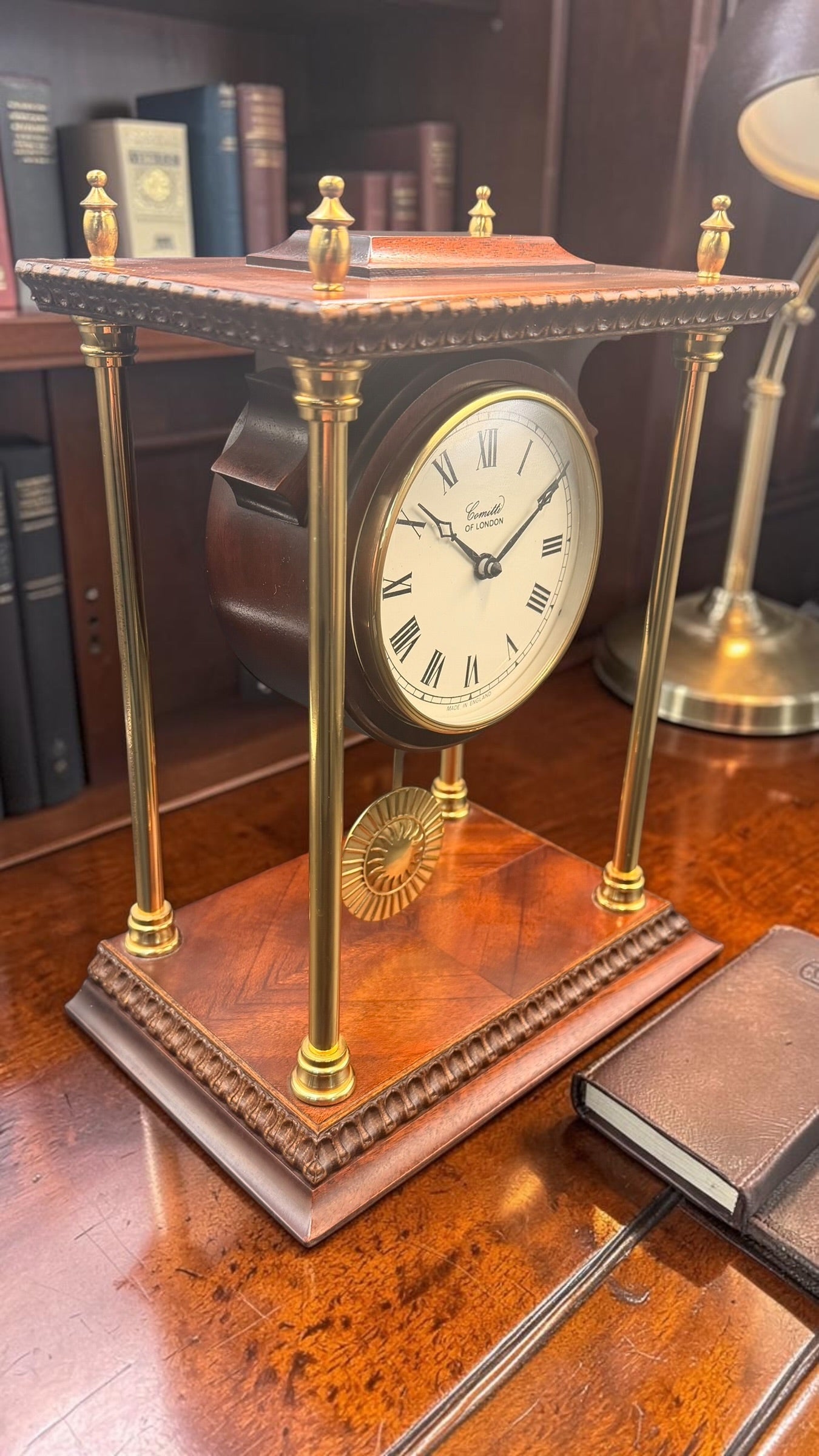 Comitti of London Mantel Clock – Brass Column Quartz Timepiece – Made in England Shelf Clock