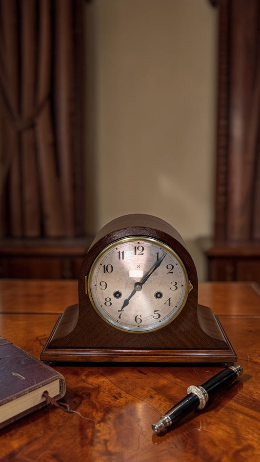 Antique German H.A.C. Mantel Clock c.1920s–30s – Walnut Tambour – Untouched & Working