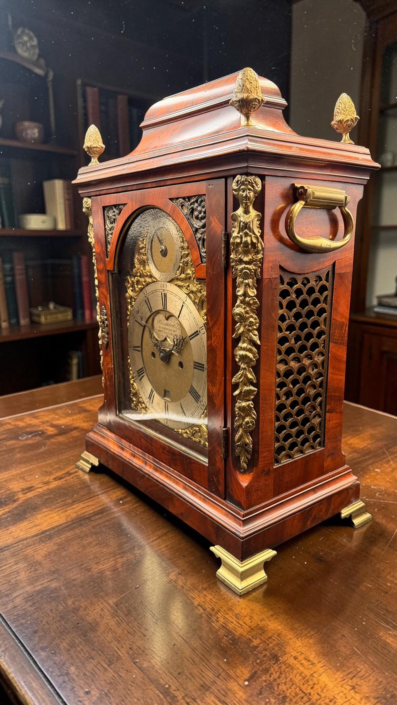 Ornate English Style Mahogany Bracket Clock Case – Brass Dial Display Clock – Restoration Candidate