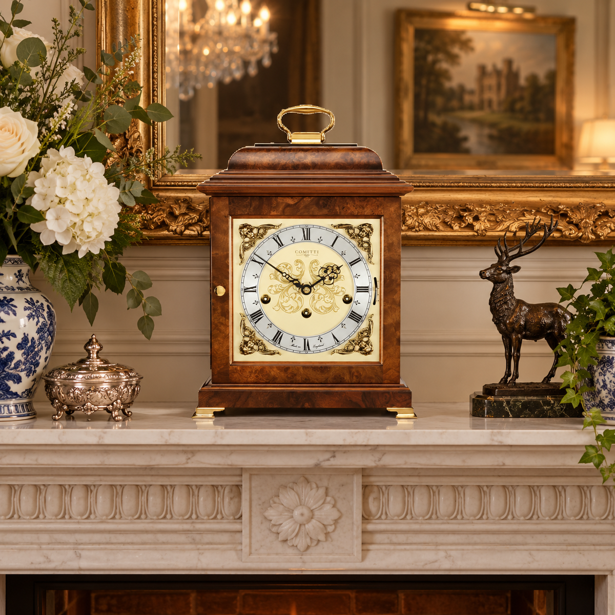 The Georgian Basket-Top Mantel Clock – Burr Walnut