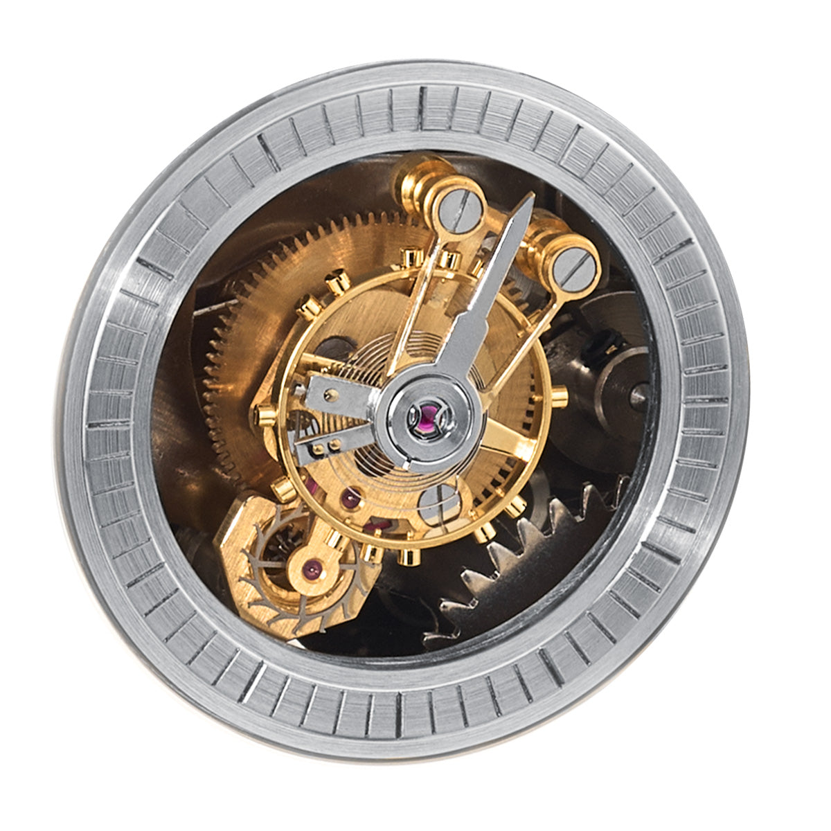 Close-up of the Hermle Hampton gold-plated tourbillon and silver-plated Roman numeral dial