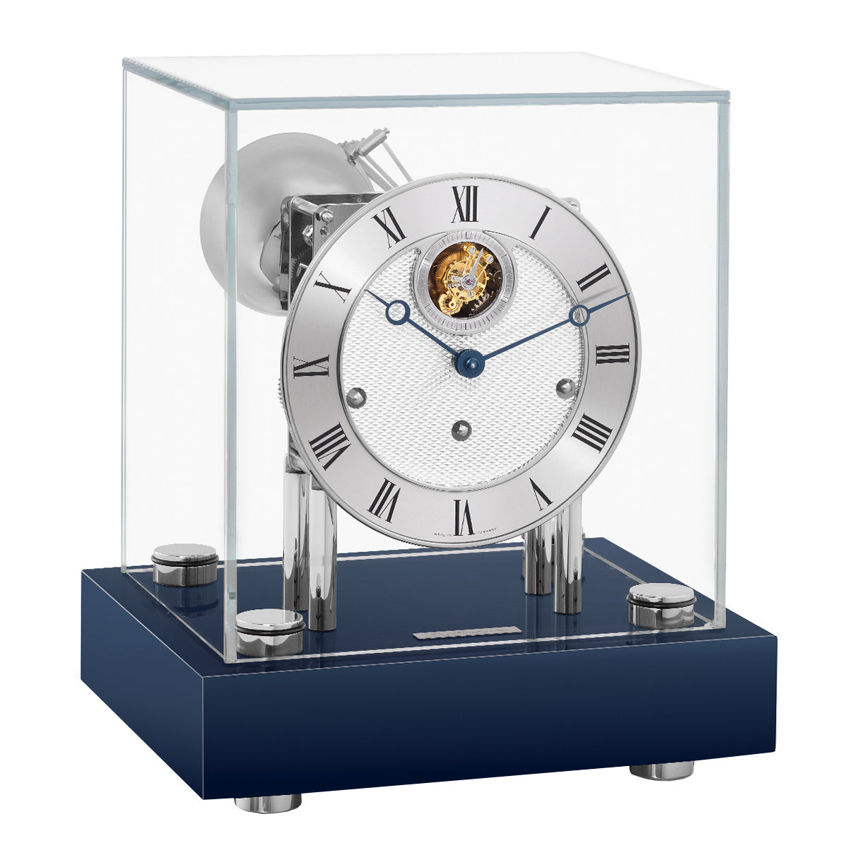 Hermle Hampton Tourbillon luxury desk clock in Blue / Nickel with glass case