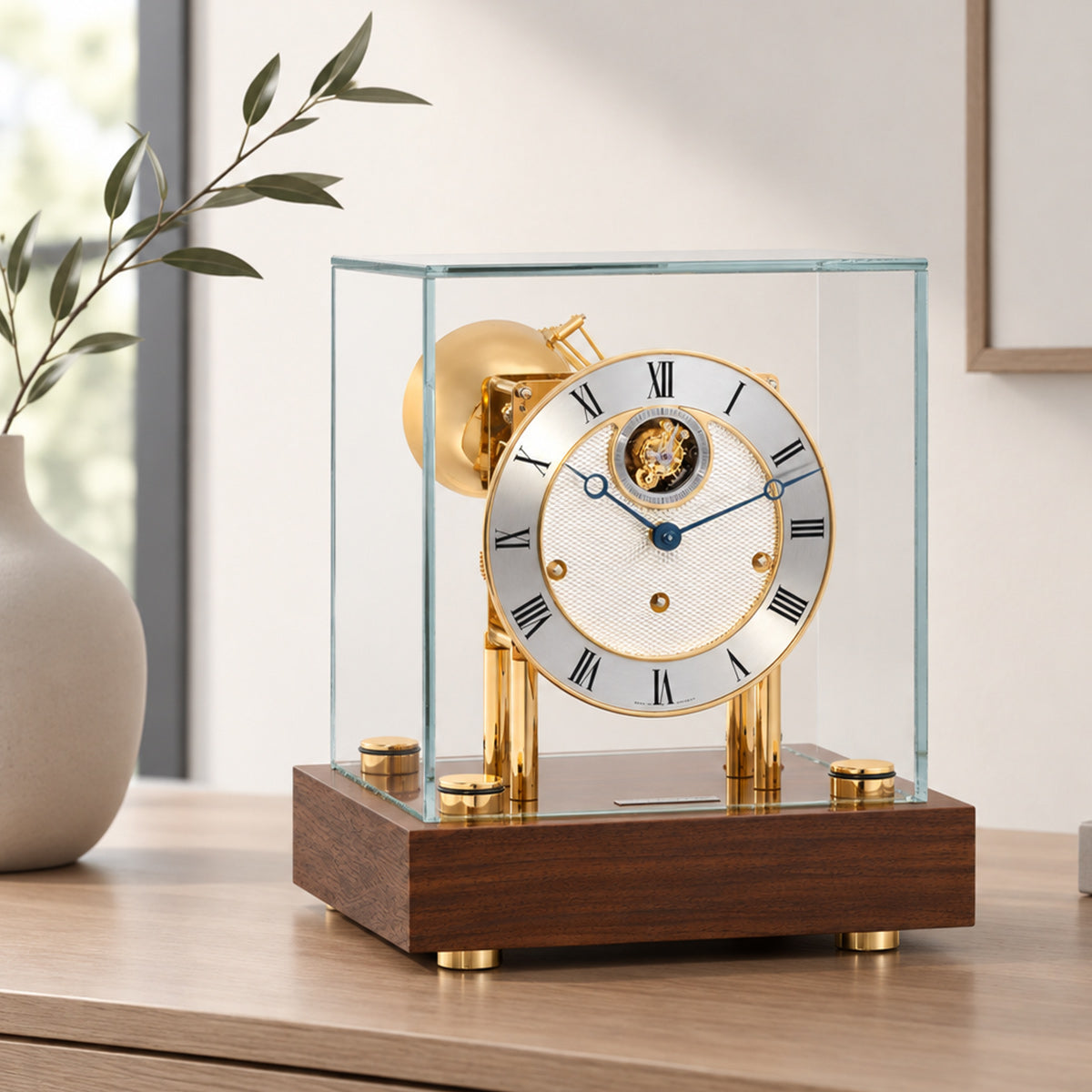 Hermle Hampton Walnut / Brass tourbillon desk clock displayed on a wooden console
