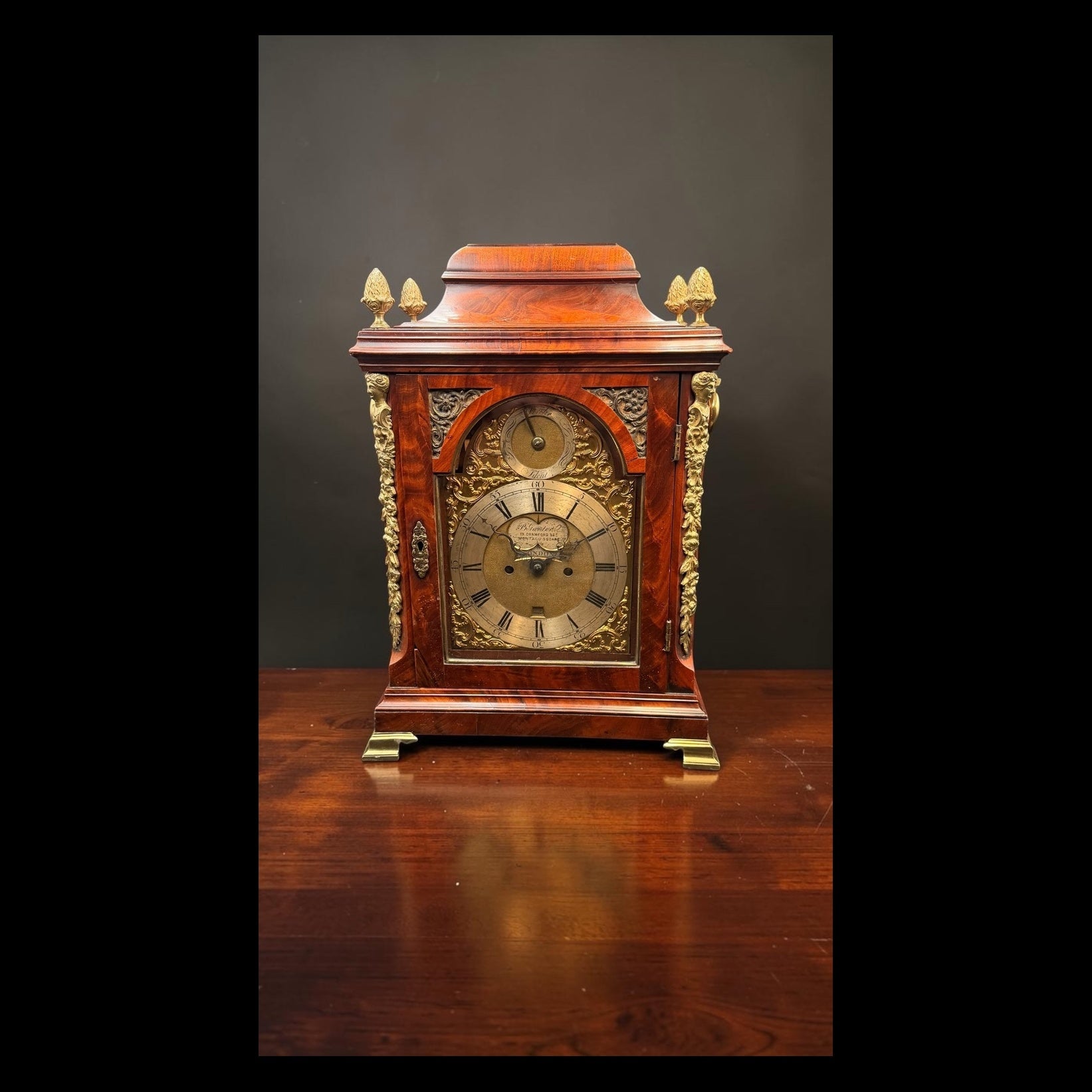 Ornate English Style Mahogany Bracket Clock Case – Brass Dial Display Clock – Restoration Candidate