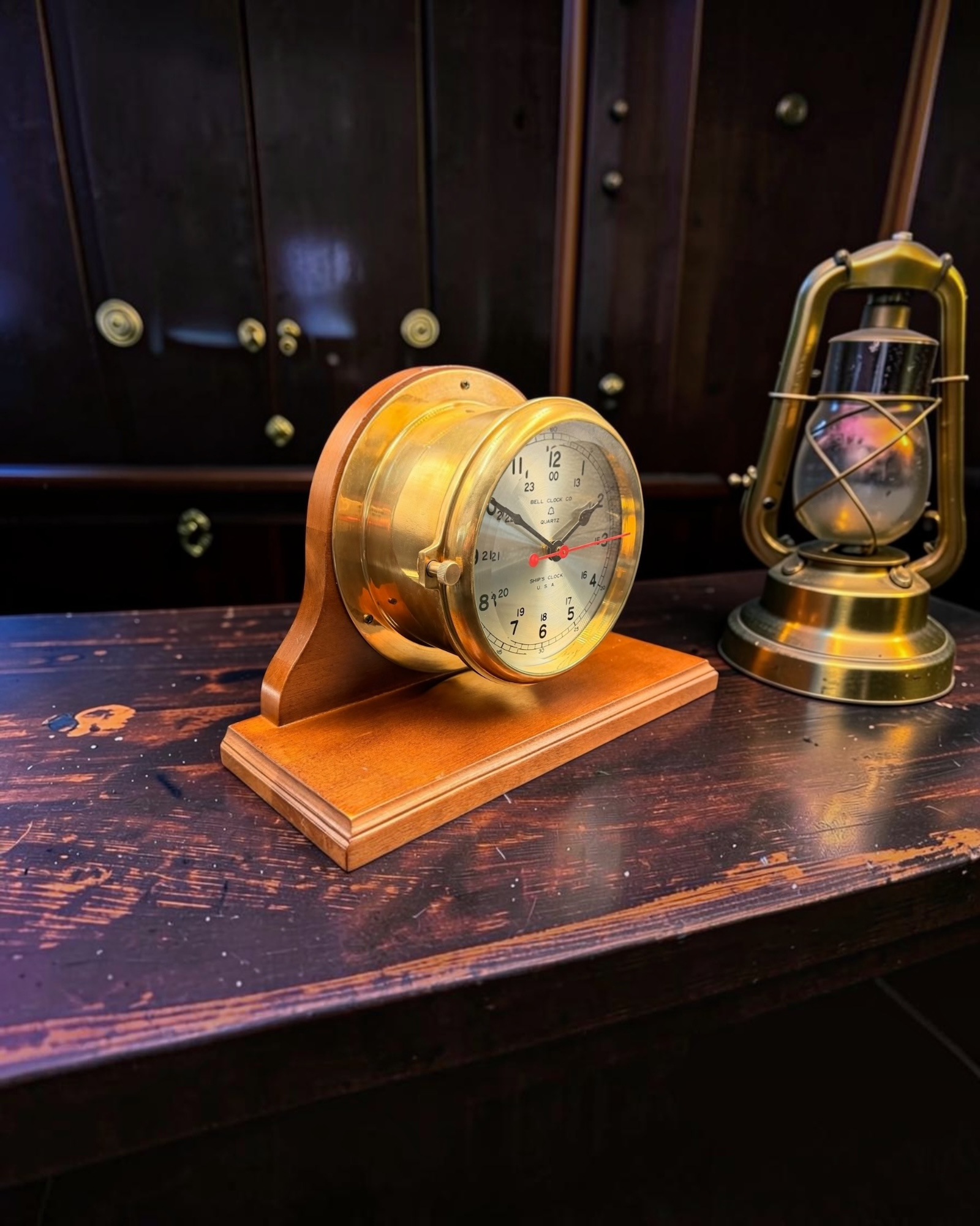 Vintage Bell Clock Co. Quartz Ship’s Clock on Wooden Stand – Brass Porthole Nautical Desk Clock – Made in USA