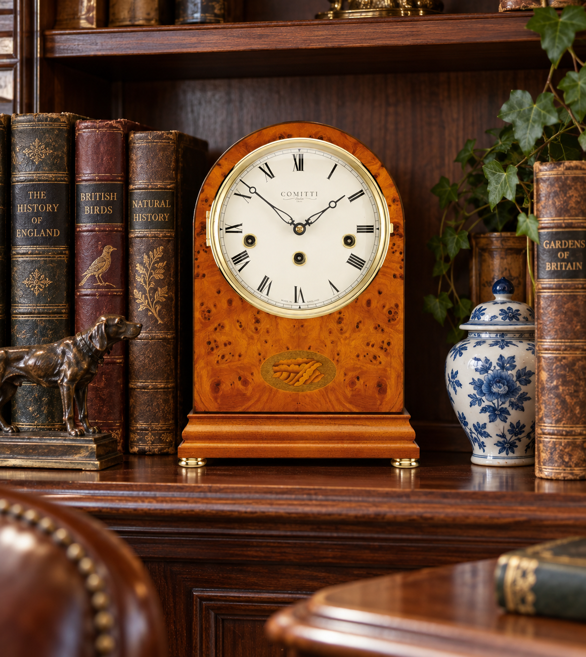 The Regency Arch-Top Mantel Clock – Yew, Westminster Chime