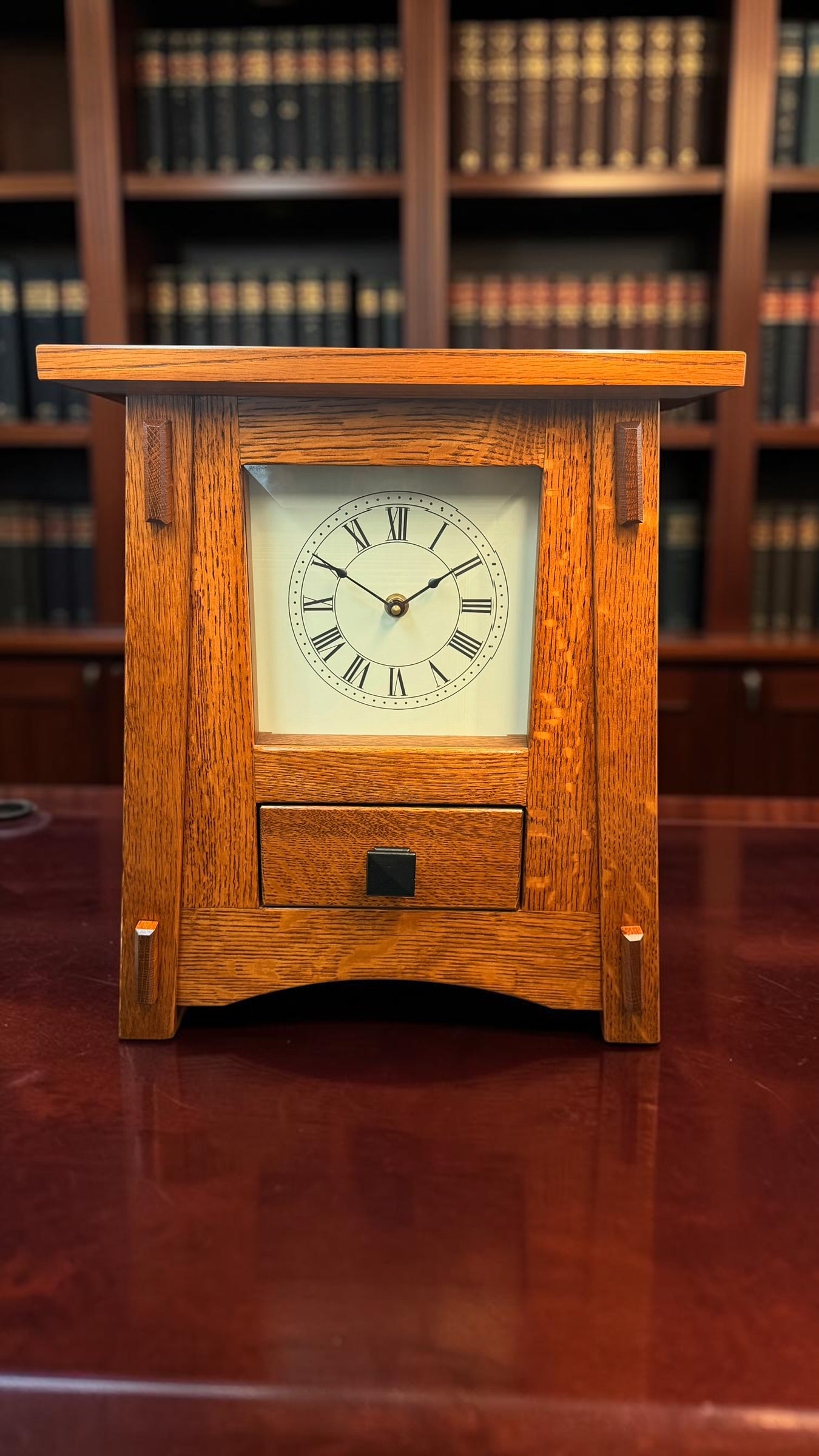 Handcrafted Mission Quarter-Sawn White Oak Mantel Clock by LaVern Bontrager – Westminster Chime – Beveled Glass