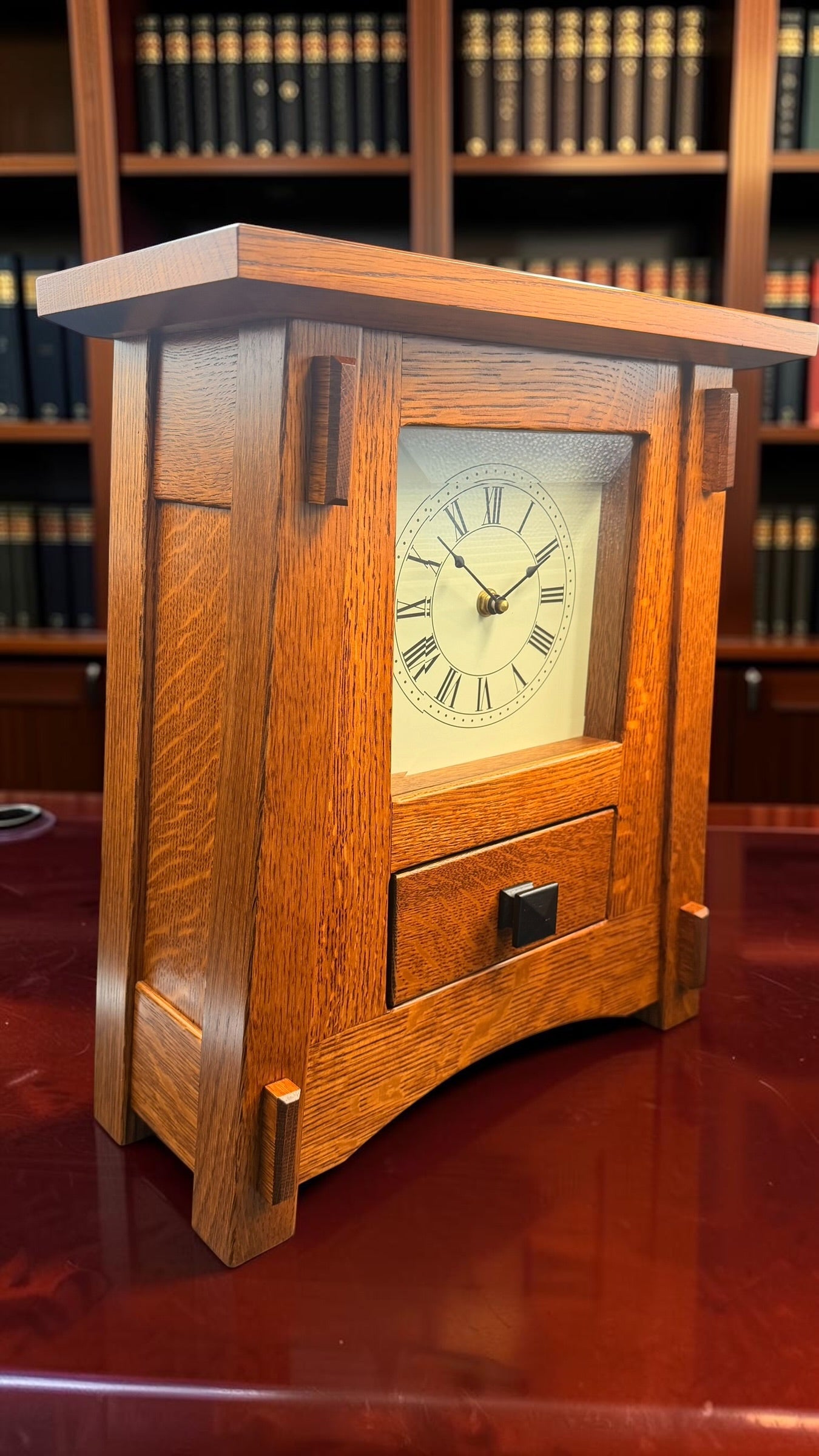 Handcrafted Mission Quarter-Sawn White Oak Mantel Clock by LaVern Bontrager – Westminster Chime – Beveled Glass