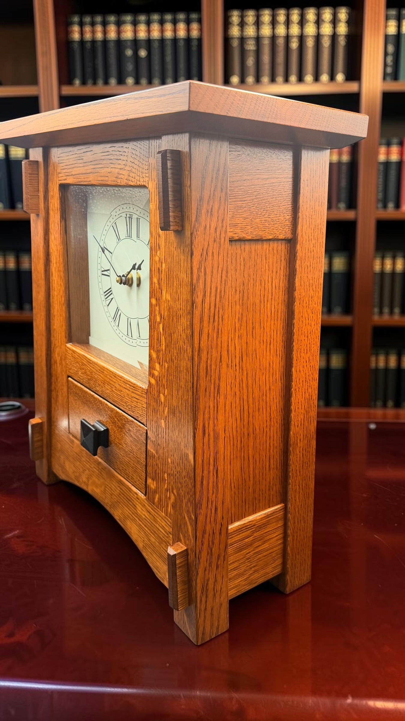 Handcrafted Mission Quarter-Sawn White Oak Mantel Clock by LaVern Bontrager – Westminster Chime – Beveled Glass