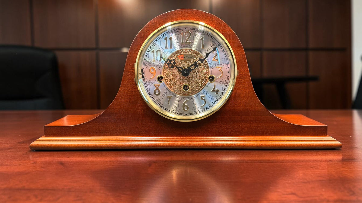 Vintage Black Forest Hermle Laurel Mantel Clock, Westminster Chime, 8-Day Key Wind, Cherry Finish