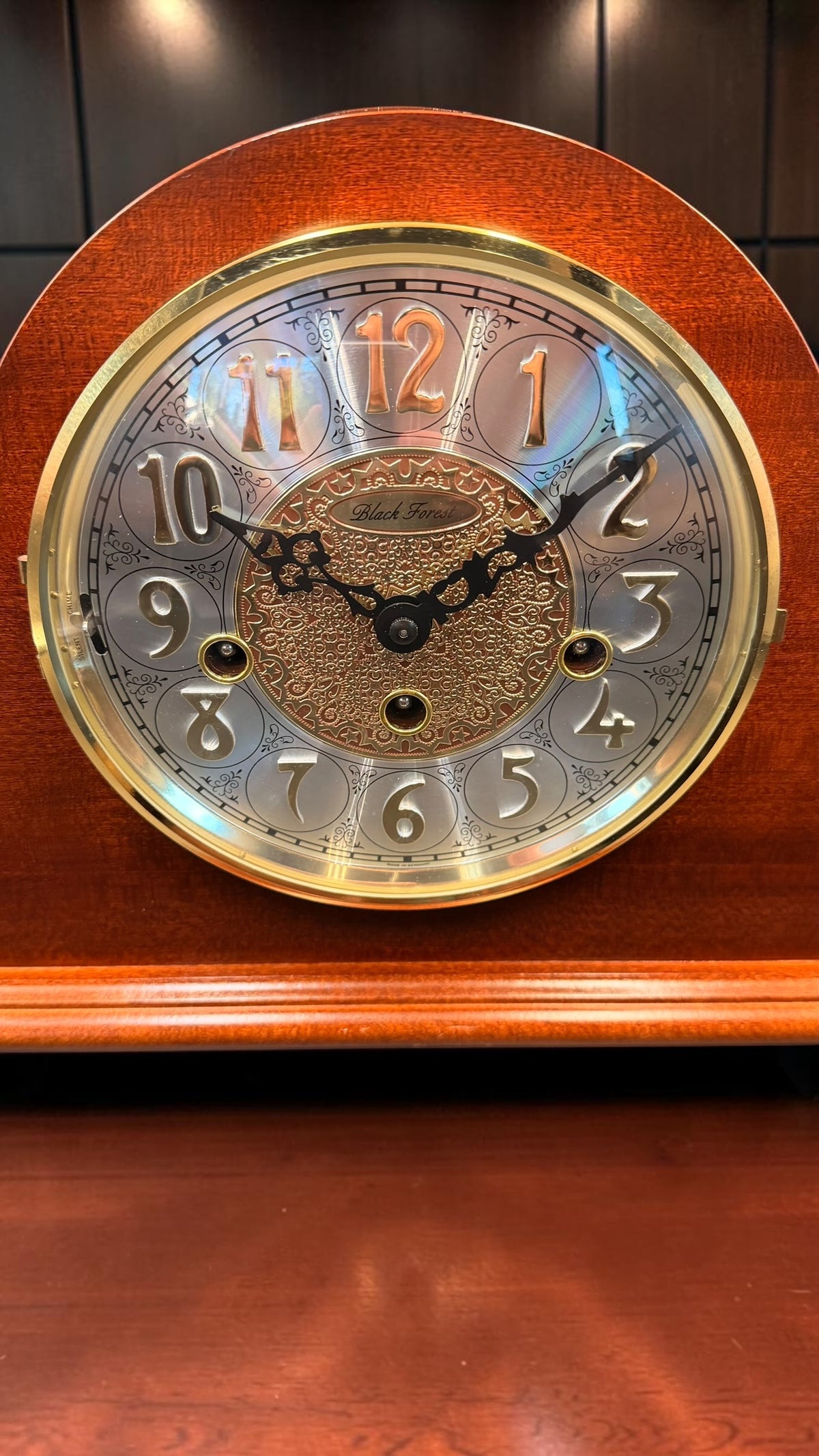 Vintage Black Forest Hermle Laurel Mantel Clock, Westminster Chime, 8-Day Key Wind, Cherry Finish