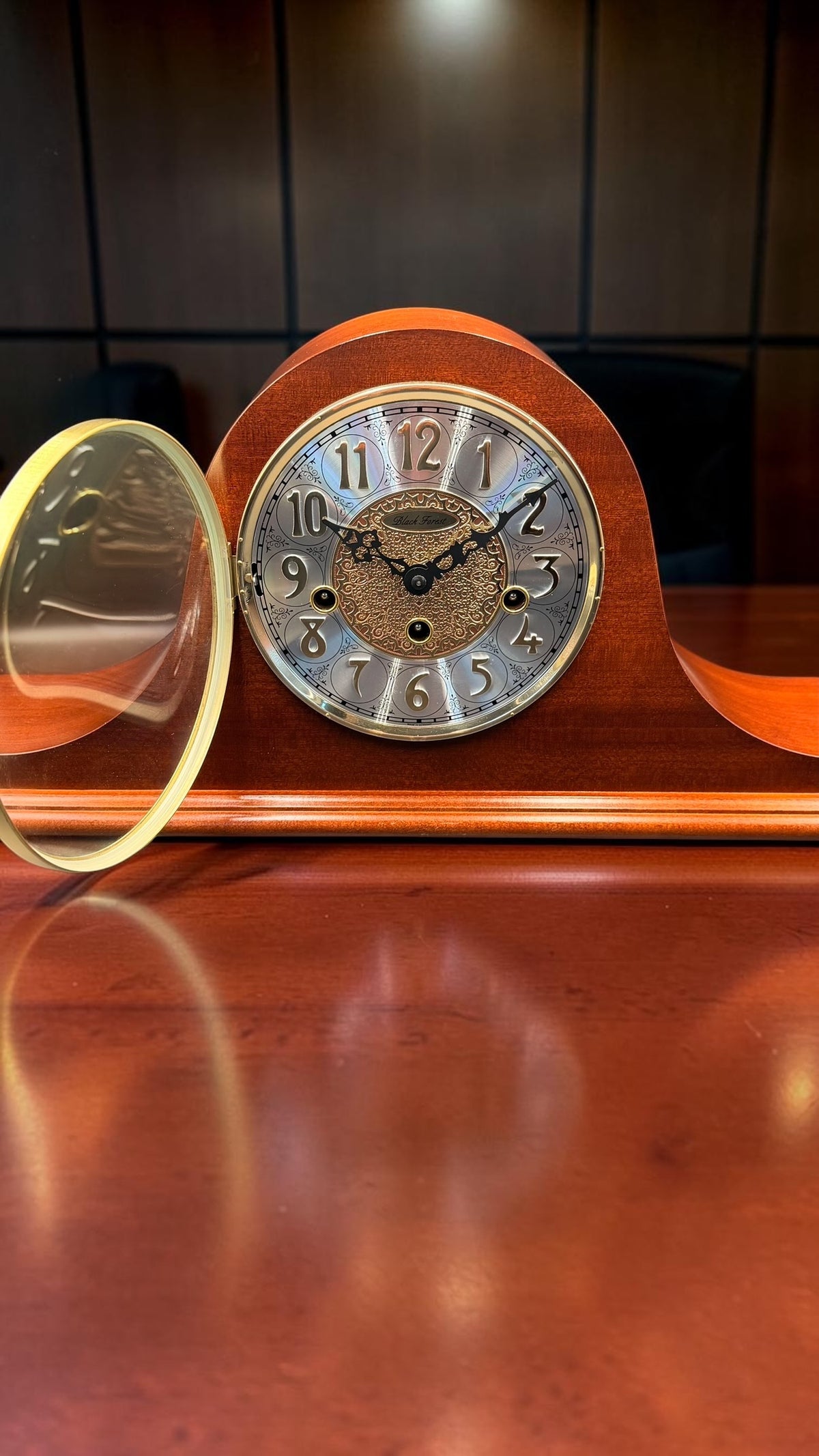 Vintage Black Forest Hermle Laurel Mantel Clock, Westminster Chime, 8-Day Key Wind, Cherry Finish