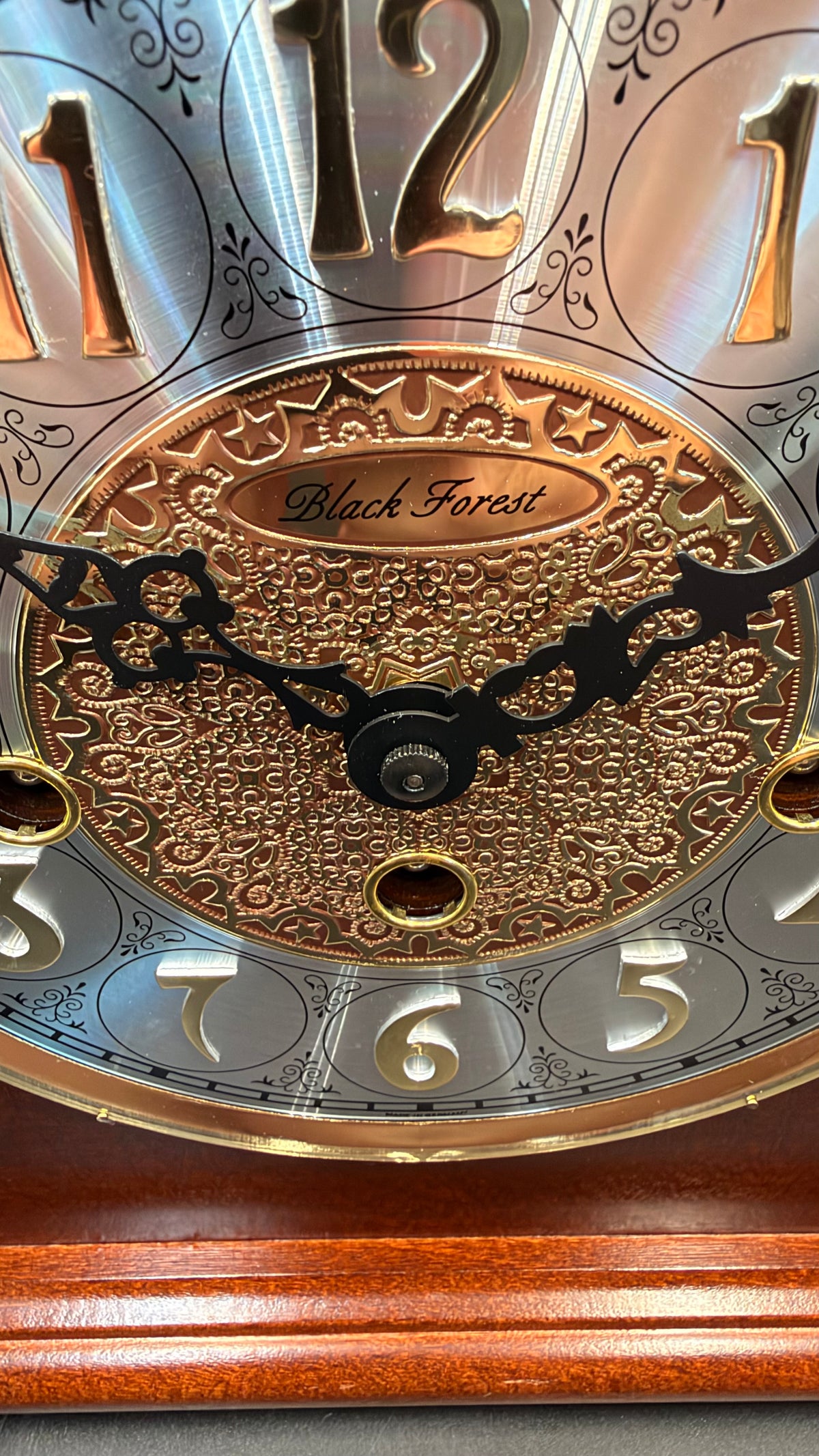 Vintage Black Forest Hermle Laurel Mantel Clock, Westminster Chime, 8-Day Key Wind, Cherry Finish