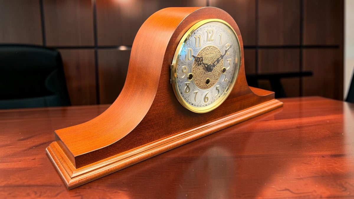 Vintage Black Forest Hermle Laurel Mantel Clock, Westminster Chime, 8-Day Key Wind, Cherry Finish