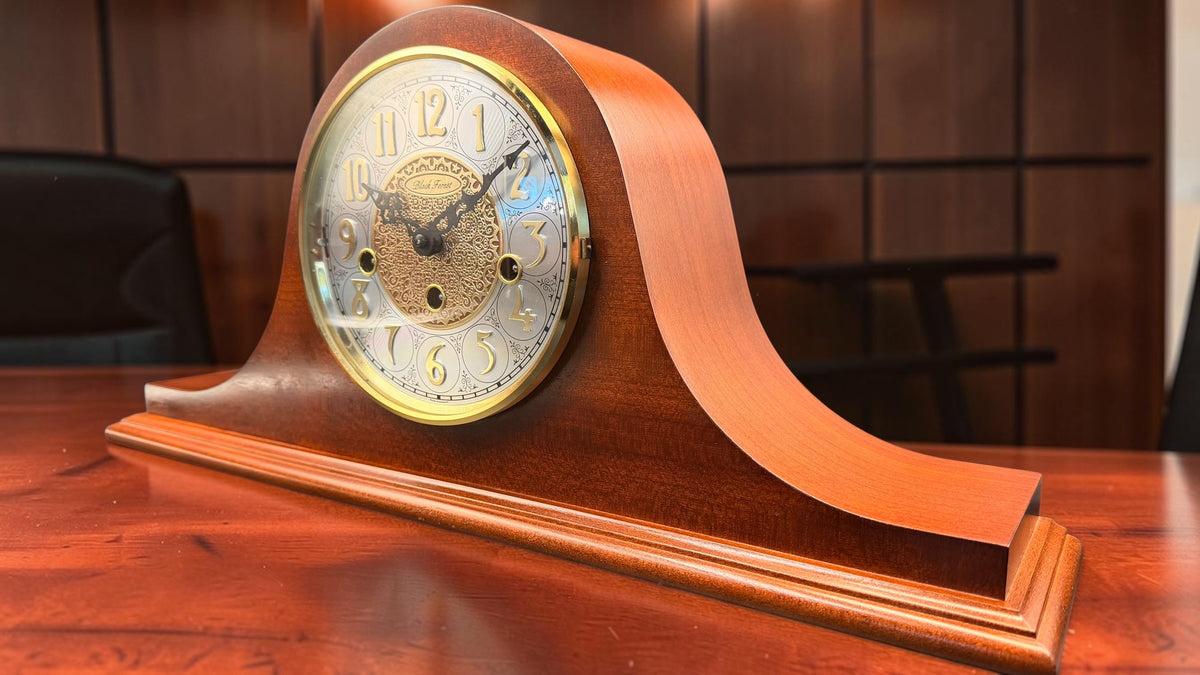 Vintage Black Forest Hermle Laurel Mantel Clock, Westminster Chime, 8-Day Key Wind, Cherry Finish