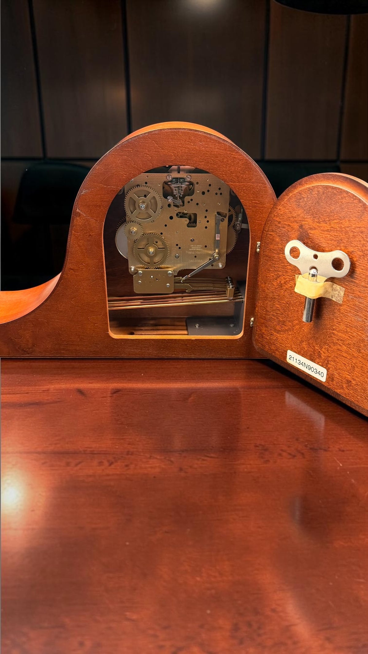 Vintage Black Forest Hermle Laurel Mantel Clock, Westminster Chime, 8-Day Key Wind, Cherry Finish