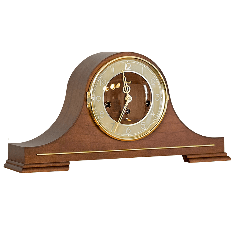 Stepney tambour mantel clock in mid-century modern style on white background