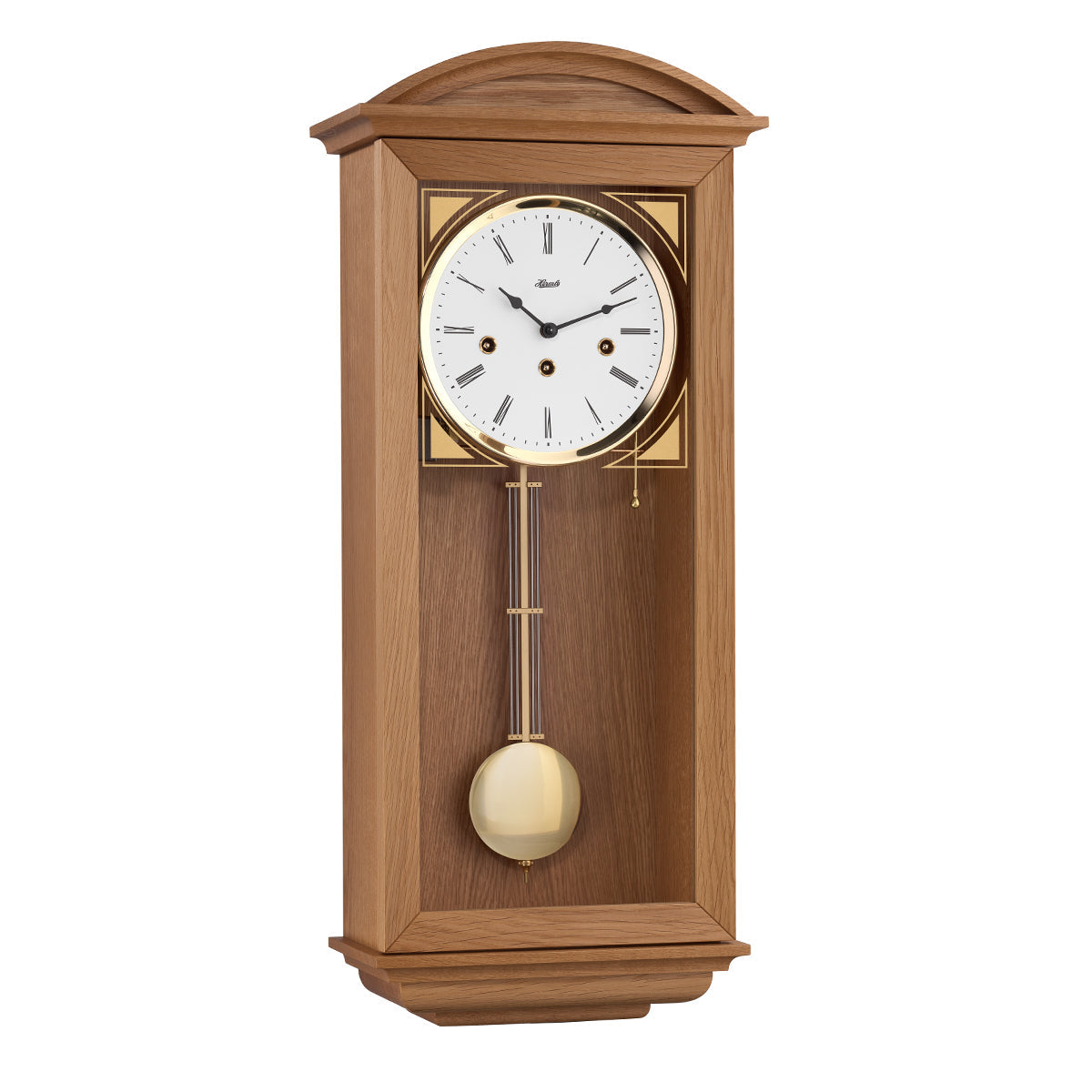 Retro style natural oak wall clock with brass highlights and three holes in the face for winding the mechanical movement inside.