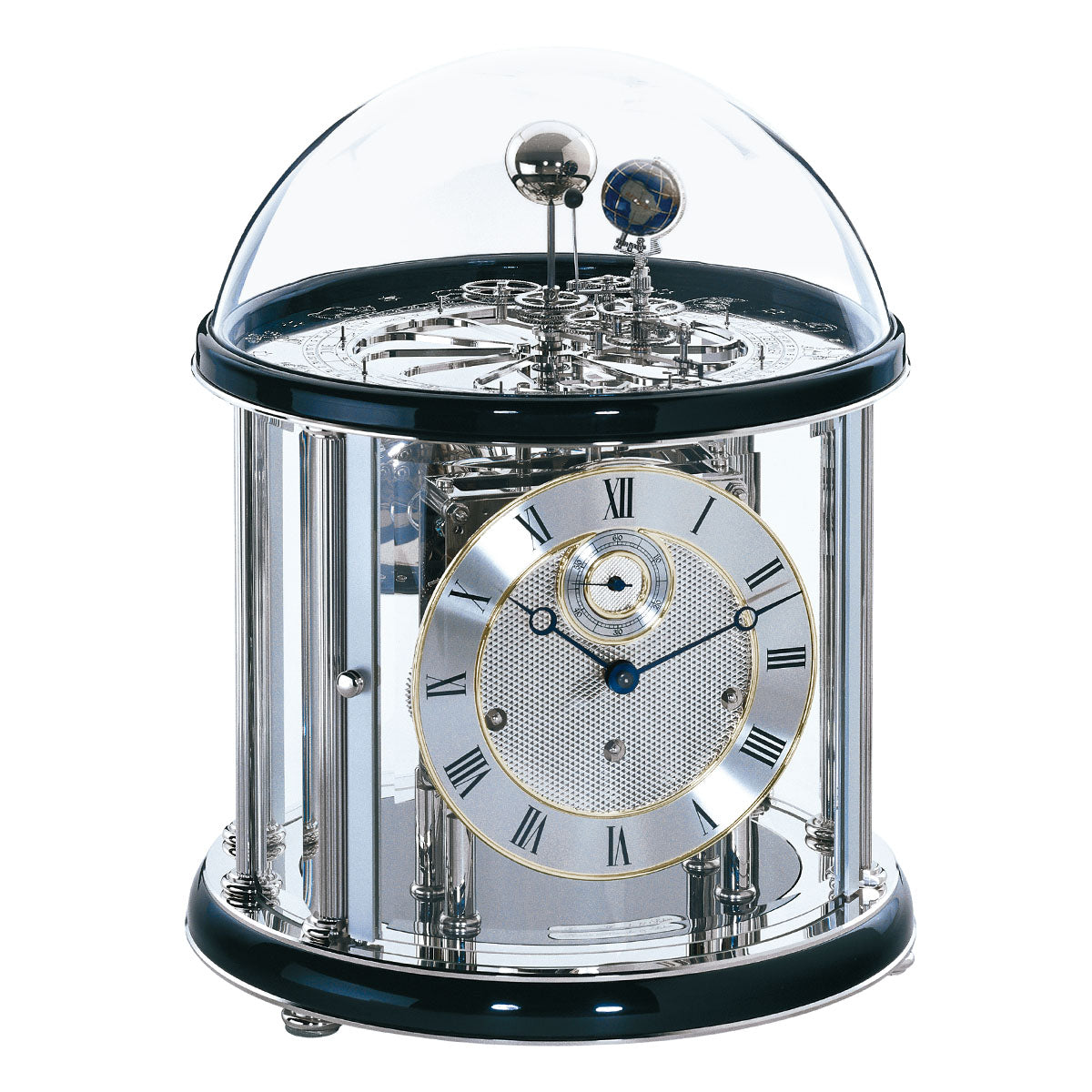 Black and nickel Tellurium clock with glass dome and nickel plated mechanical gears visible.