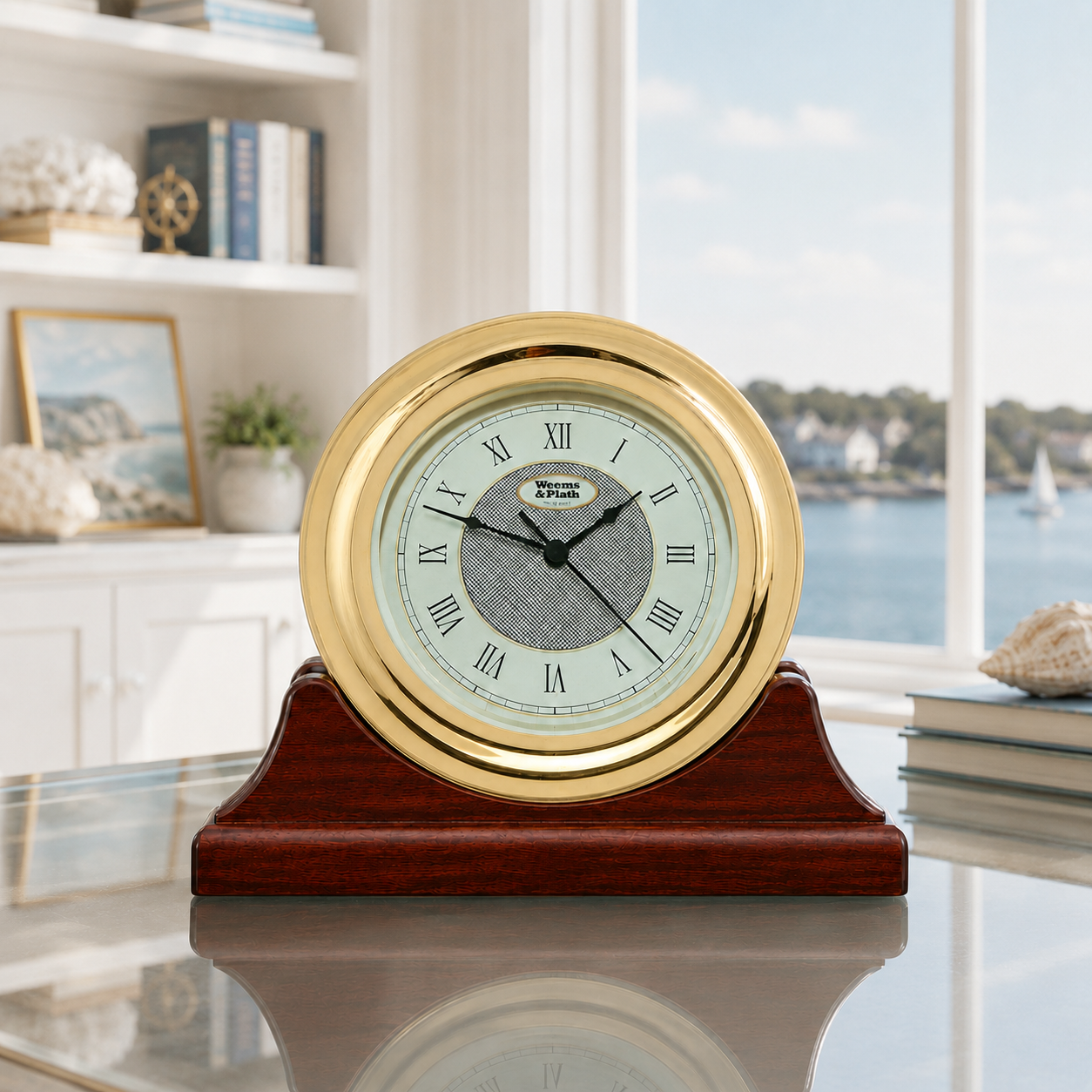 Weems & Plath Anniversary Quartz Ship's Bell Clock on matching Weems & Plath mahogany base
