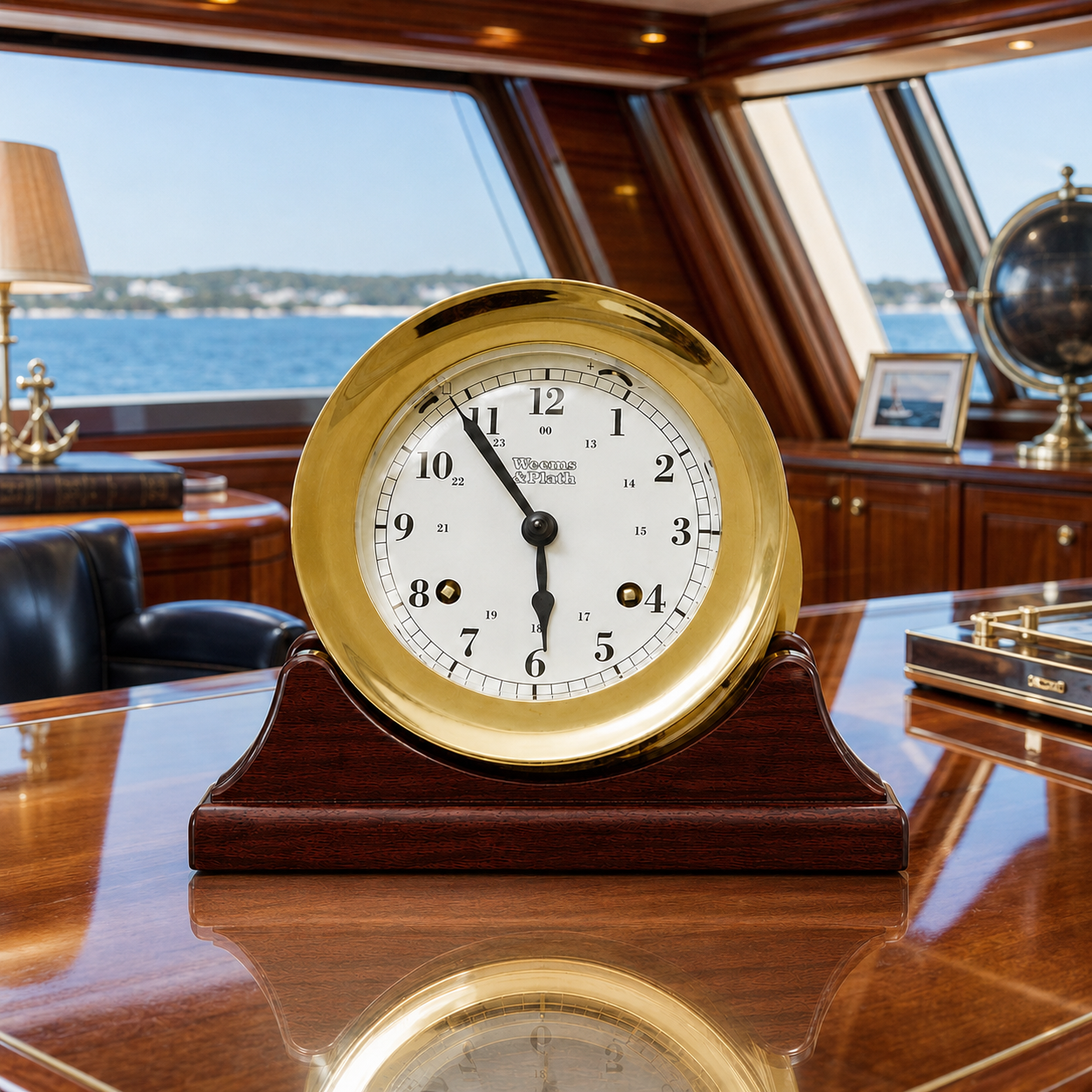 Weems & Plath Atlantis 8-Day Ship's Bell Clock on matching Weems & Plath mahogany base