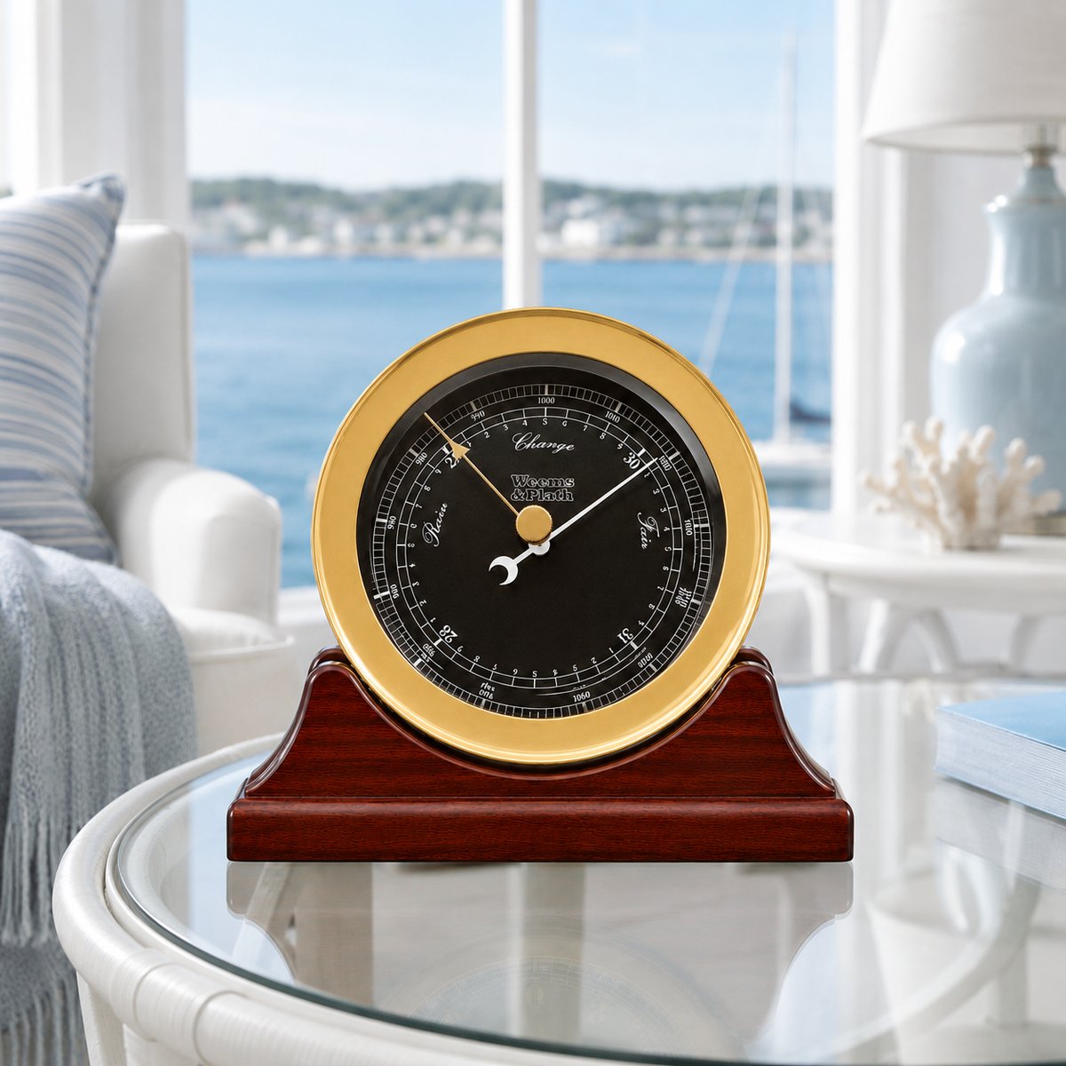 Weems & Plath Atlantis Premiere Barometer, Black Dial with White Scale on matching Weems & Plath mahogany base