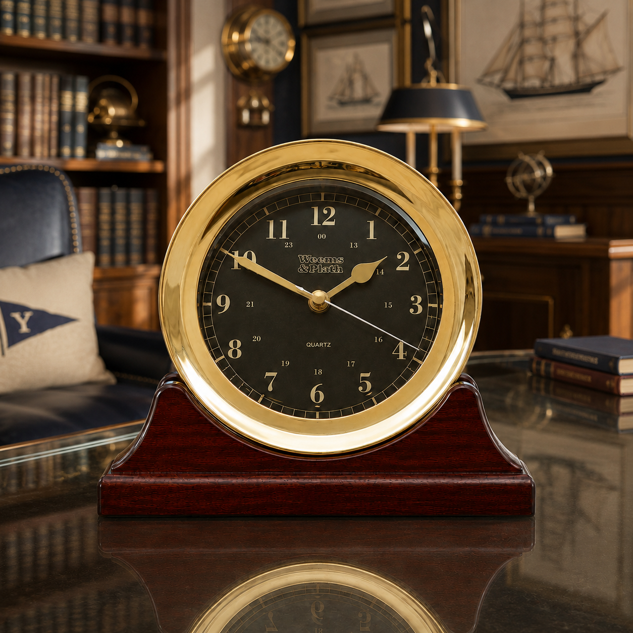 Weems & Plath Atlantis Premiere Quartz Clock, Black Dial on matching Weems & Plath mahogany base