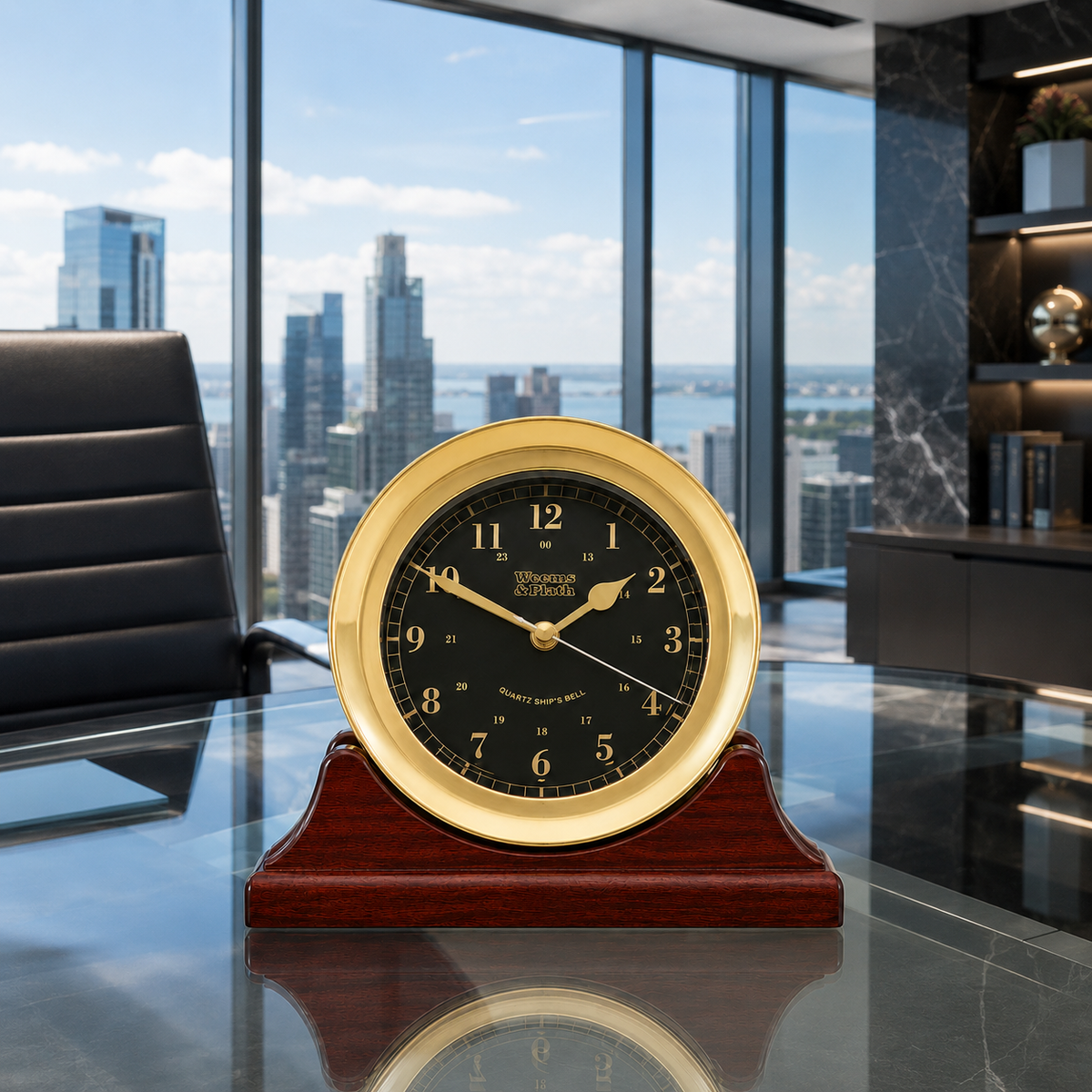 Weems & Plath Atlantis Premiere Quartz Ship's Bell Clock, Black Dial on matching Weems & Plath mahogany base