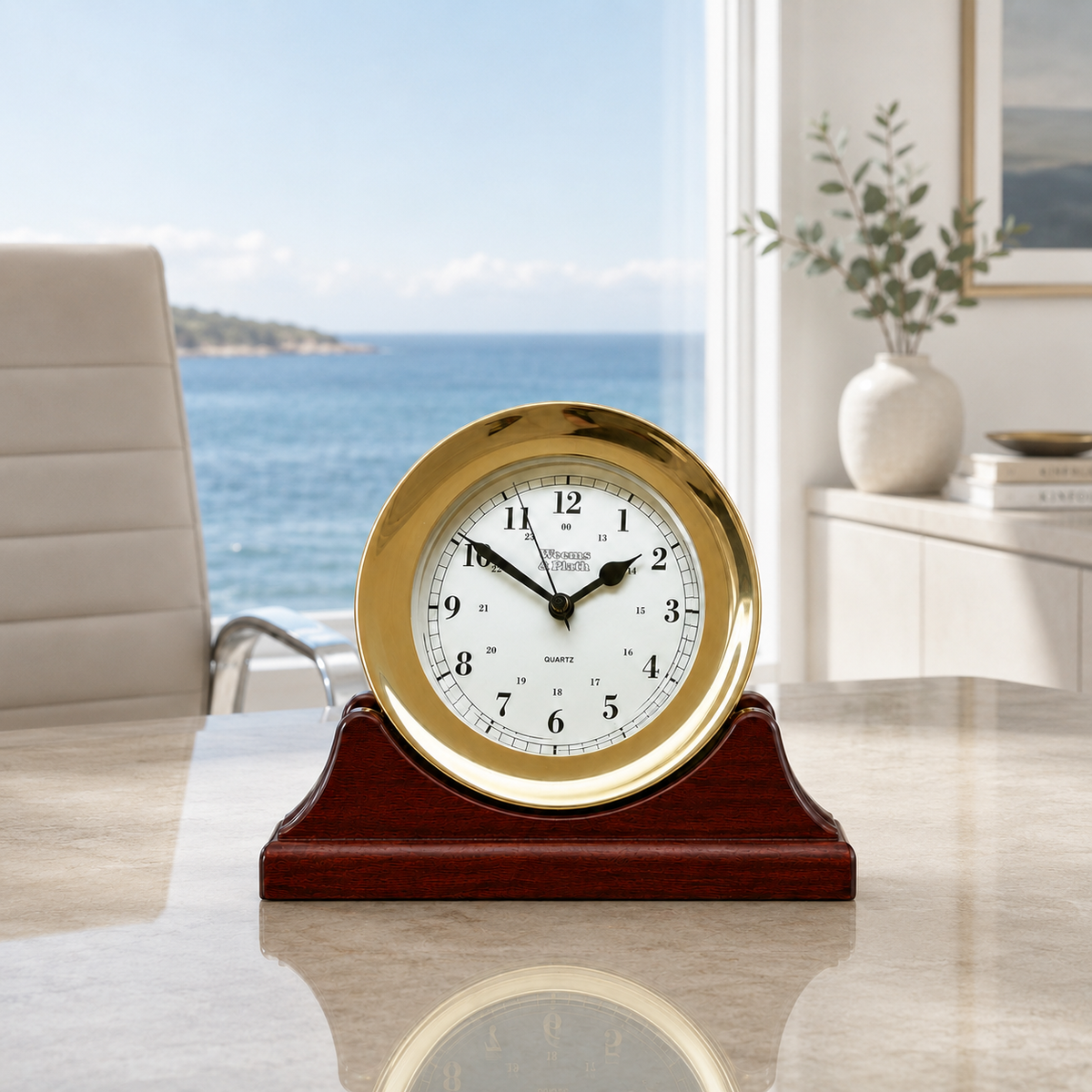 Weems & Plath Atlantis Quartz Clock on matching Weems & Plath mahogany base