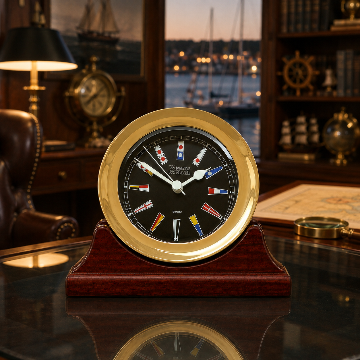 Weems & Plath Atlantis Quartz Clock, Black Dial with Color Flags on matching Weems & Plath mahogany base
