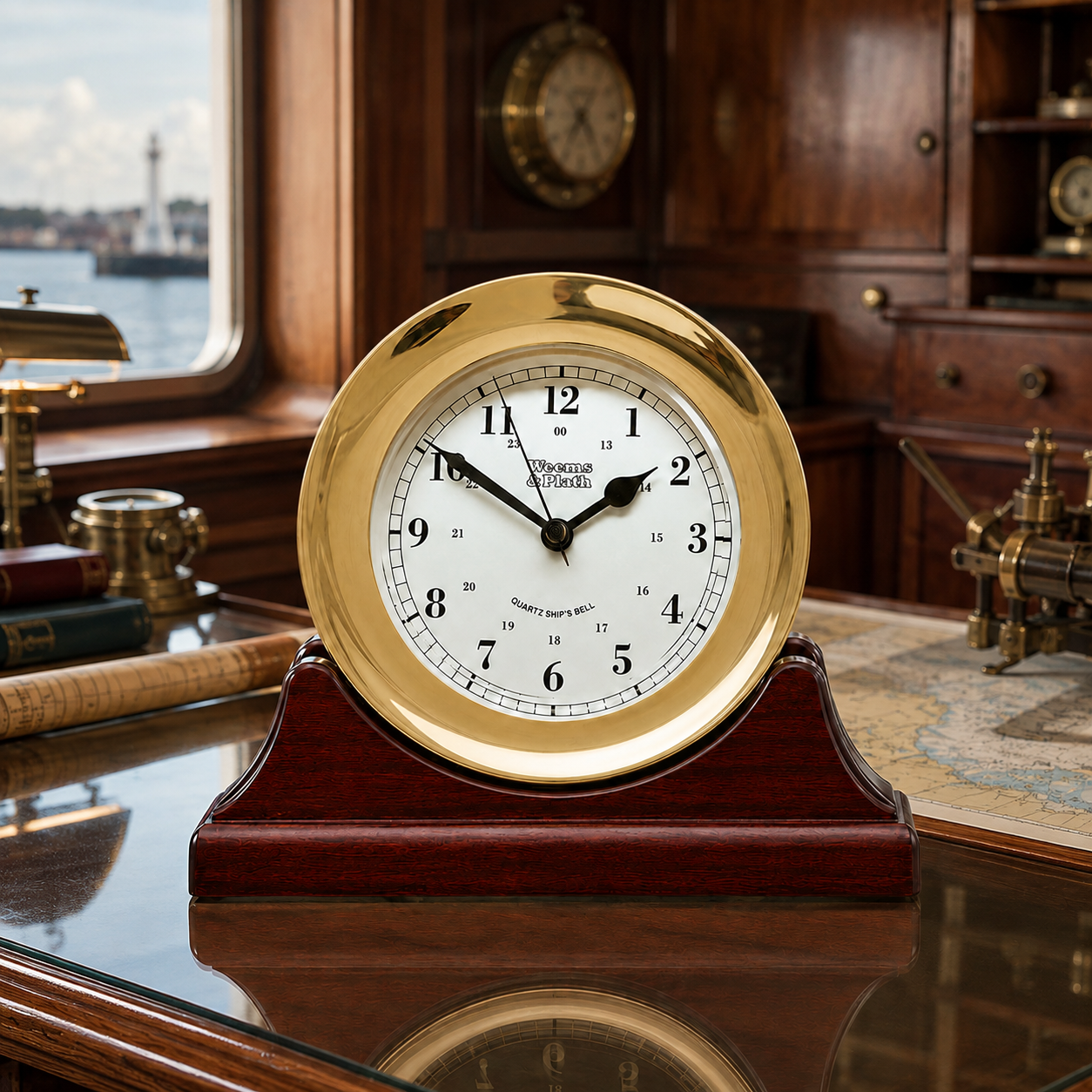 Weems & Plath Atlantis Quartz Ship's Bell Clock on matching Weems & Plath mahogany base