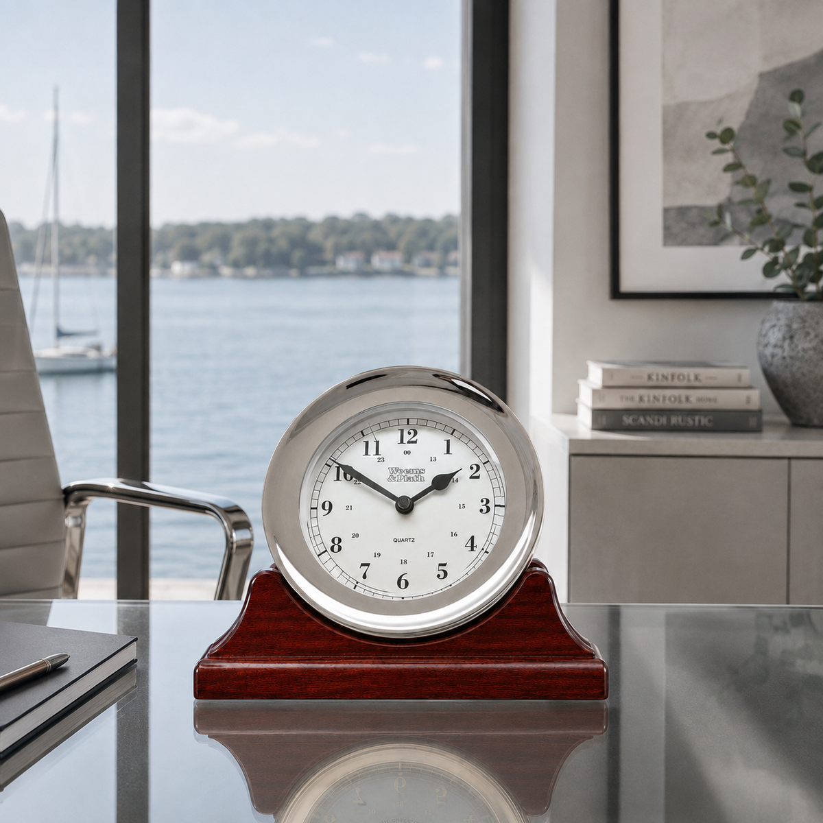 Weems & Plath Chrome-Plated Atlantis Quartz Clock on matching Weems & Plath mahogany base