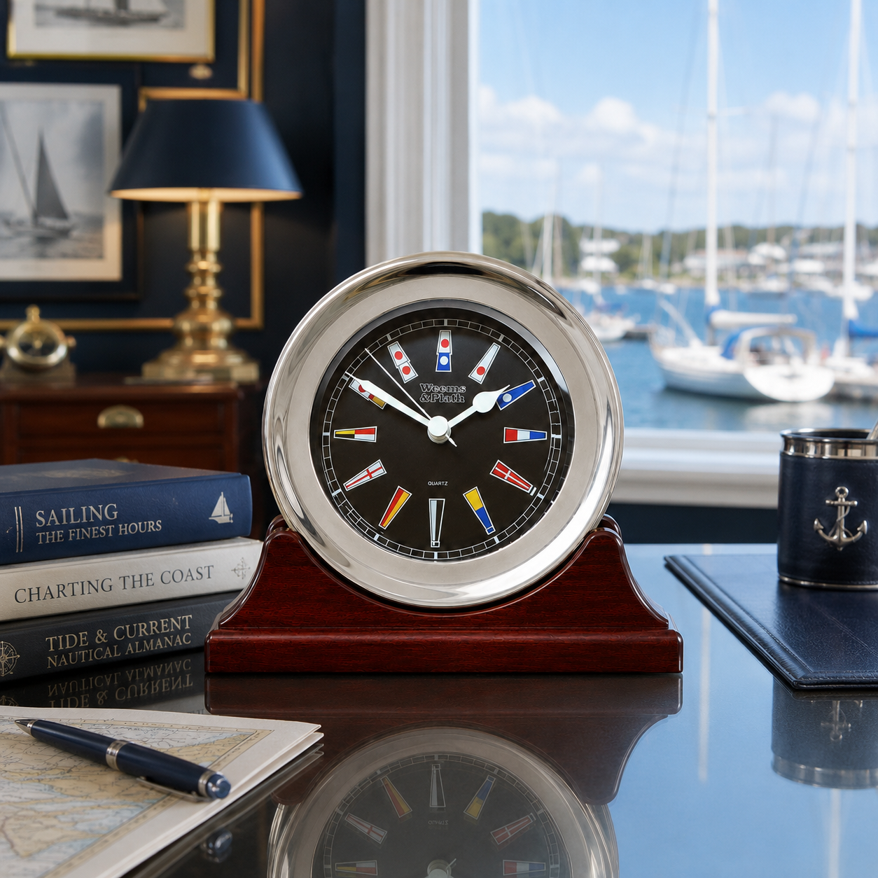 Weems & Plath Chrome-Plated Atlantis Quartz Clock, Black Dial with Color Flags on matching Weems & Plath mahogany base
