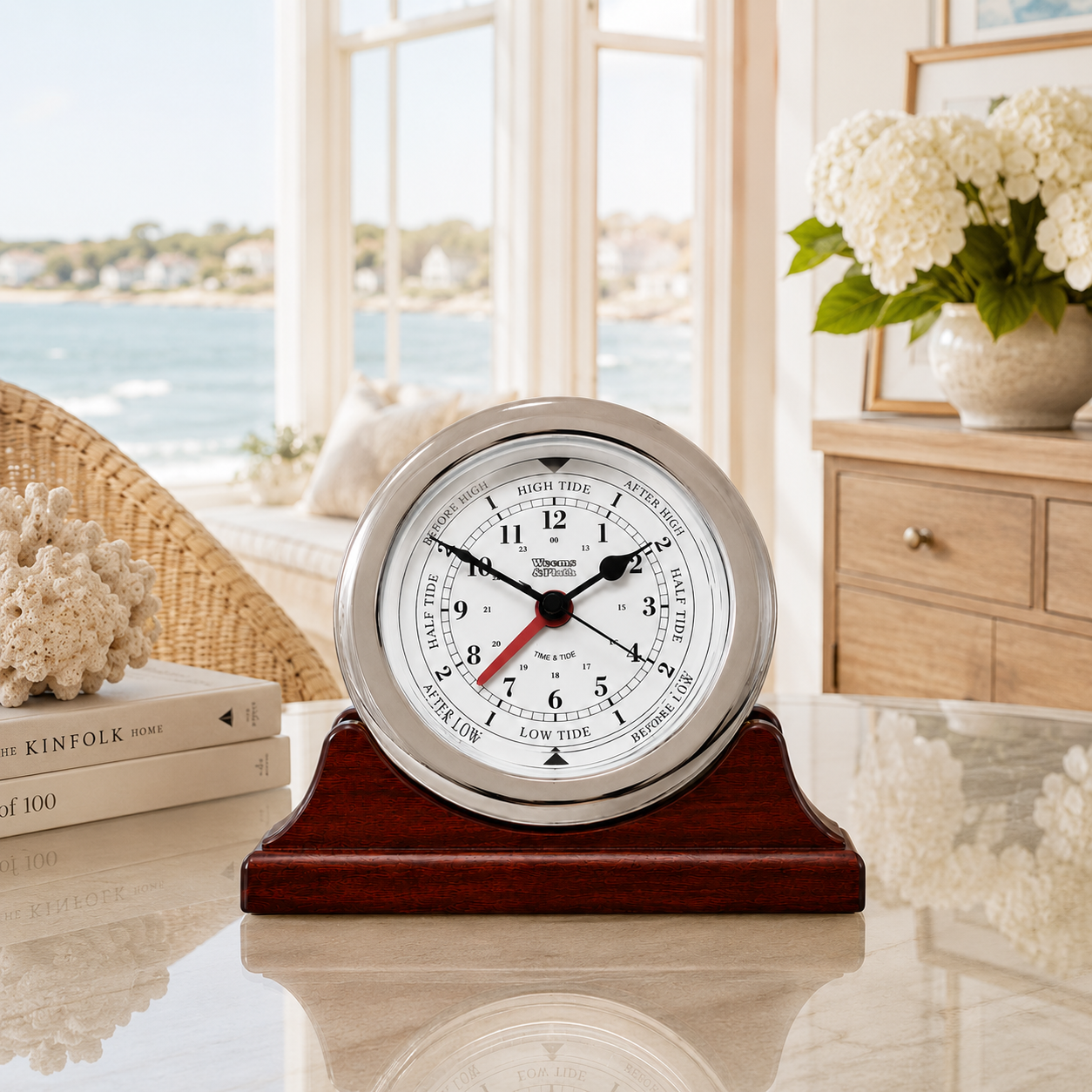 Weems & Plath Chrome-Plated Atlantis Time & Tide Clock on matching Weems & Plath mahogany base