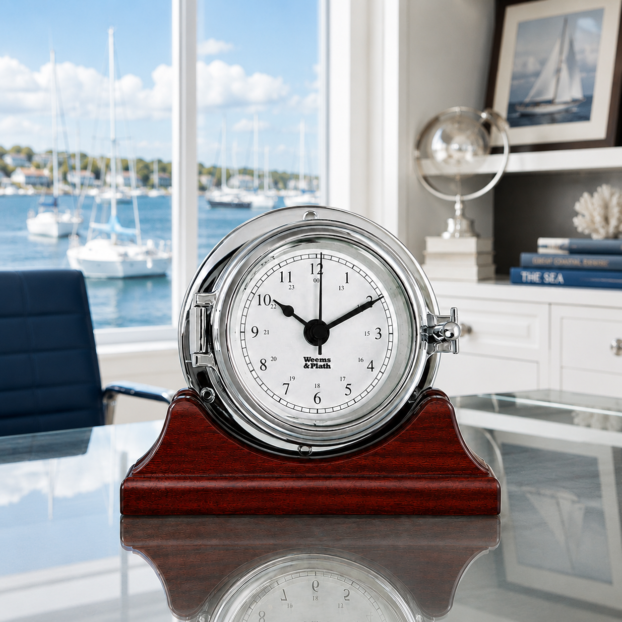 Weems & Plath Chrome Endurance II 105 Quartz Clock on matching Weems & Plath mahogany base