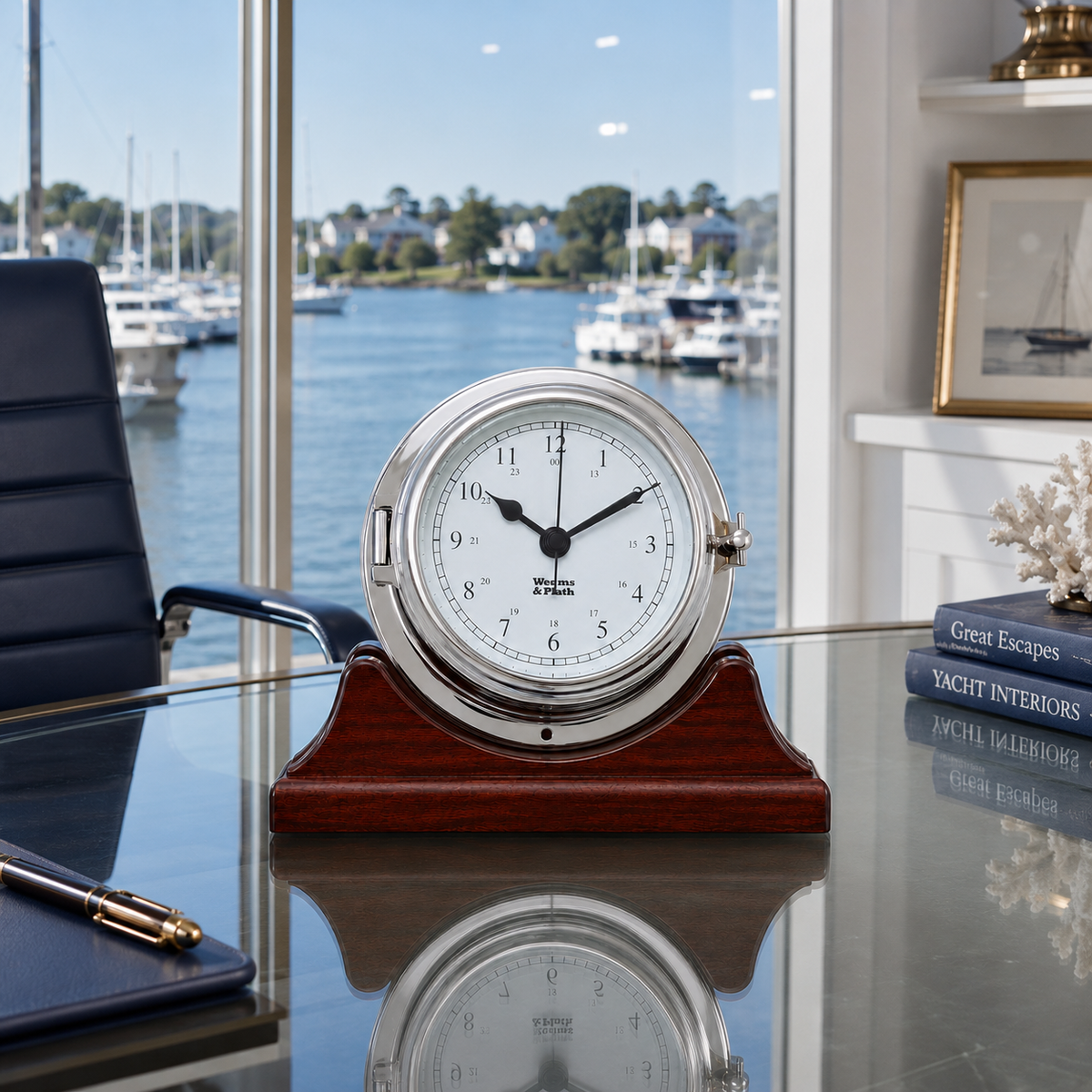 Weems & Plath Chrome Endurance II 115 Quartz Clock on matching Weems & Plath mahogany base