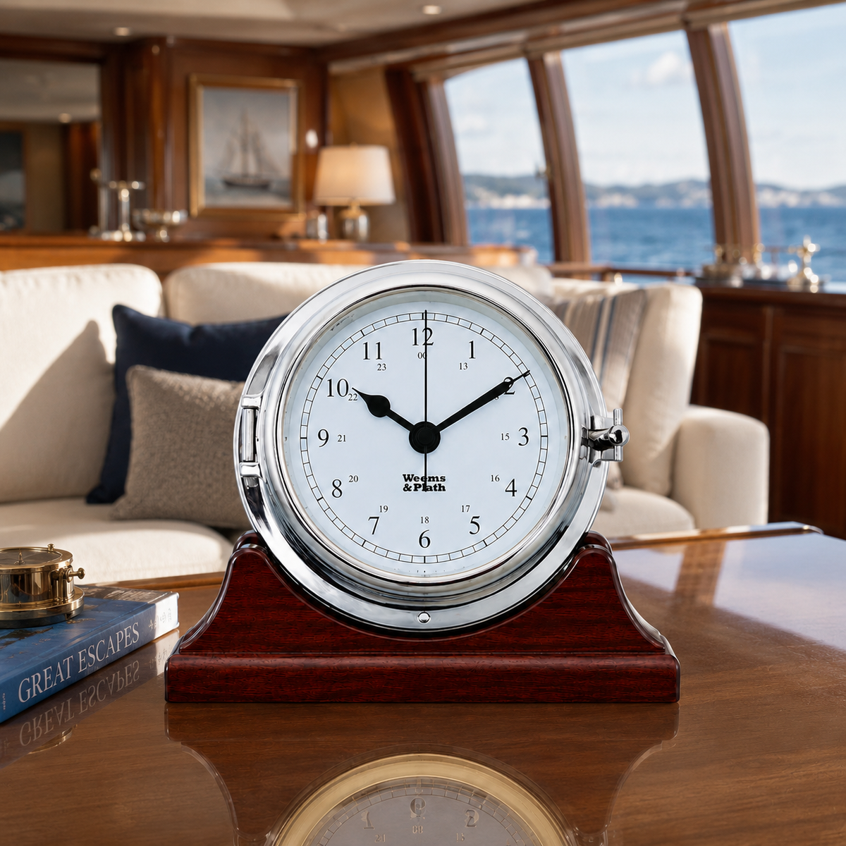 Weems & Plath Chrome Endurance II 115 Quartz Ship's Bell Clock on matching Weems & Plath mahogany base