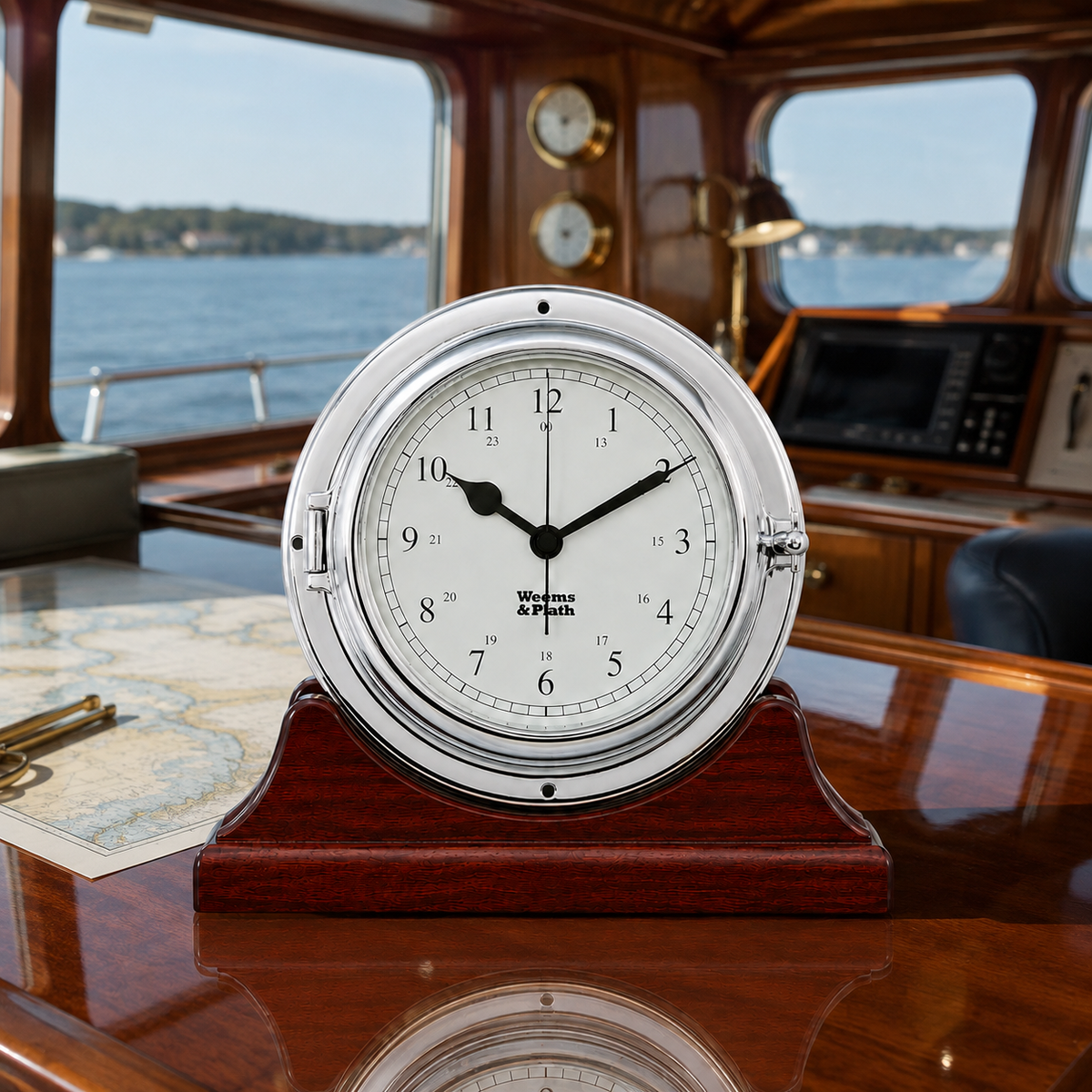 Weems & Plath Chrome Endurance II 135 Quartz Clock on matching Weems & Plath mahogany base