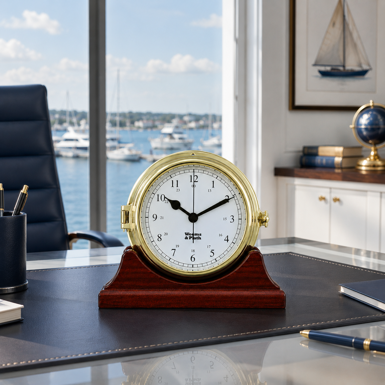 Weems & Plath Endurance II 135 Quartz Clock on matching Weems & Plath mahogany base