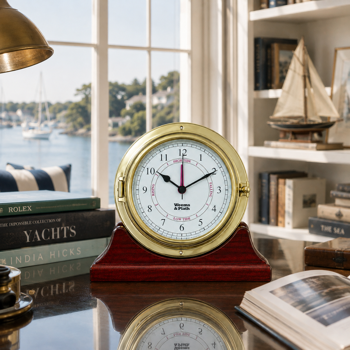 Weems & Plath Endurance II 135 Time & Tide Clock on matching Weems & Plath mahogany base
