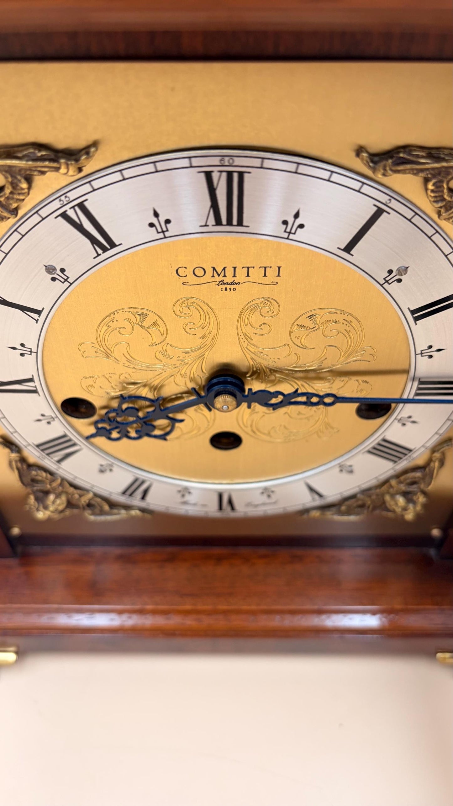 Comitti London Triple Chime Bracket Clock – Mahogany Case – 8-Day English Luxury Mantel Clock