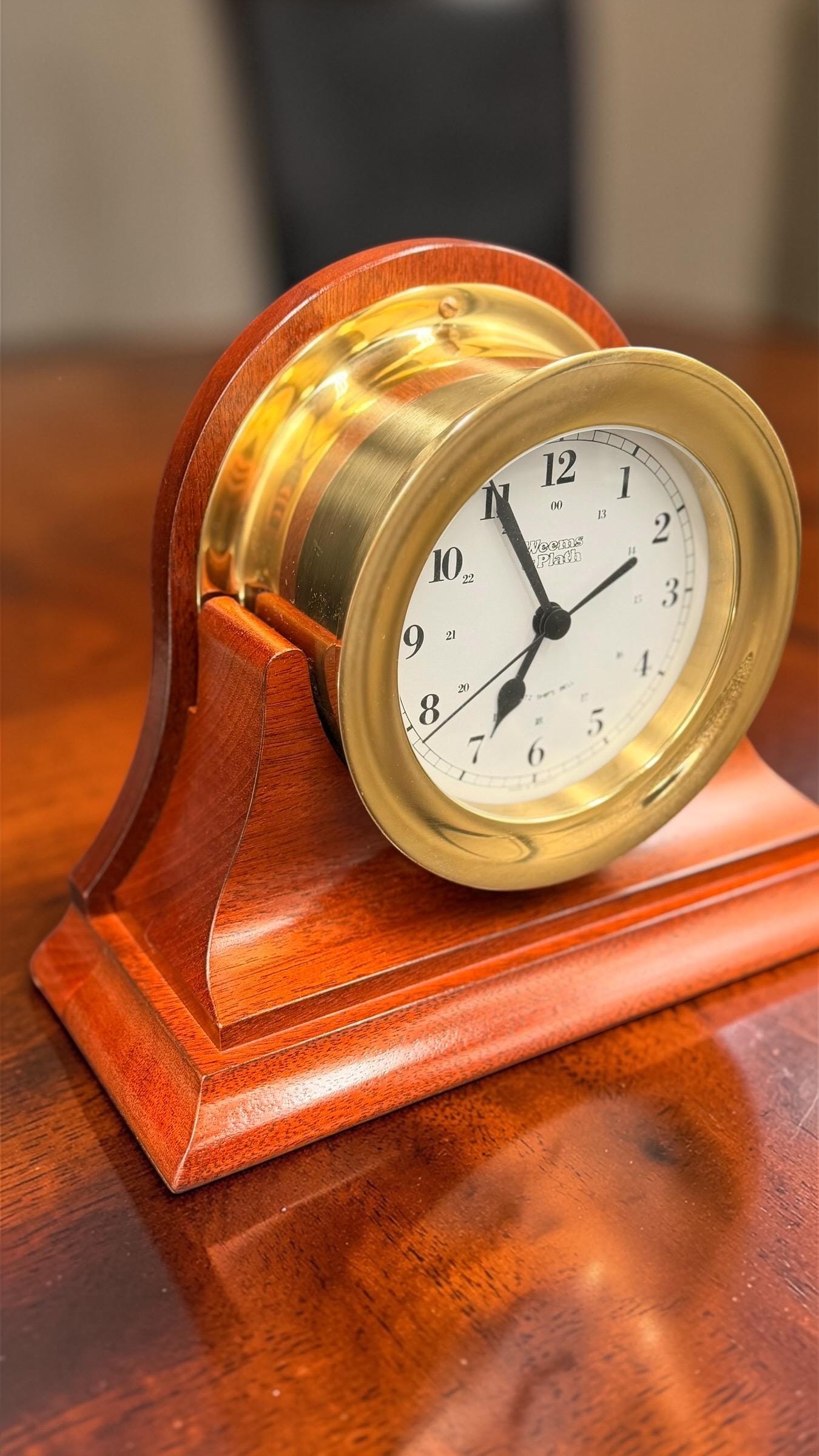 Weems & Plath German Quartz Clock – Brass Porthole, Mahogany Base