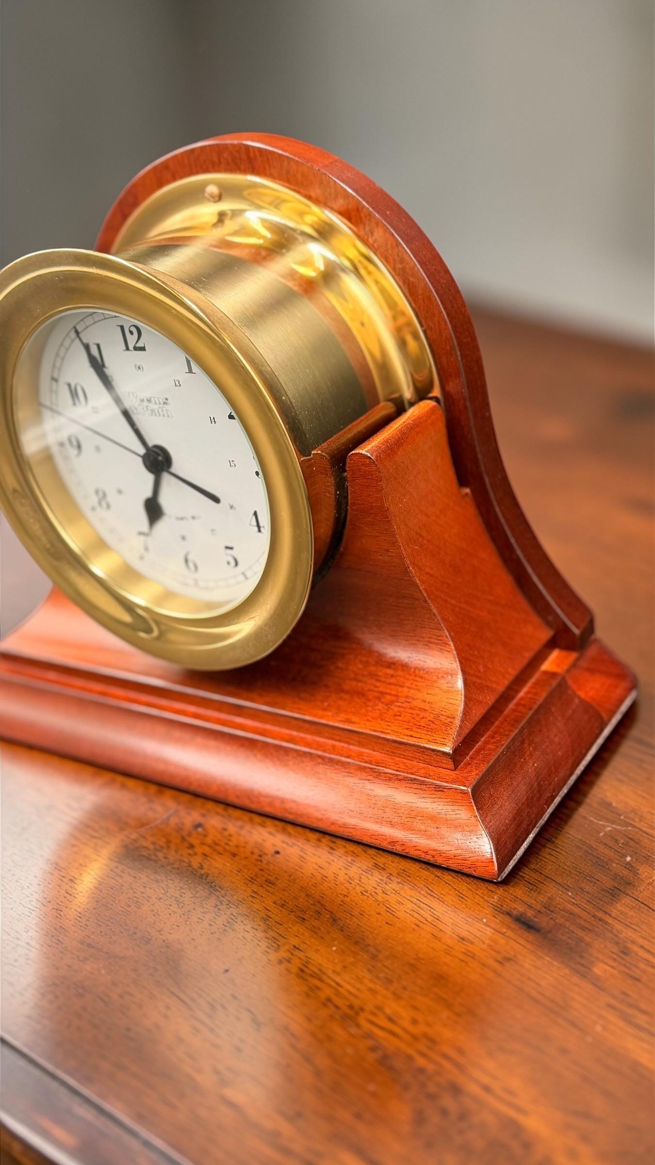 Weems & Plath German Quartz Clock – Brass Porthole, Mahogany Base