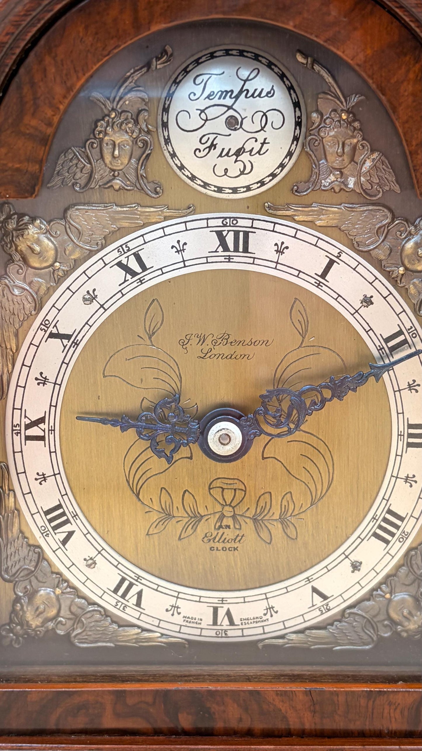 Vintage Elliott of London Burr Walnut Bracket Clock – English 8-Day Time-Only Mechanical Mantel Clock – Freshly Serviced