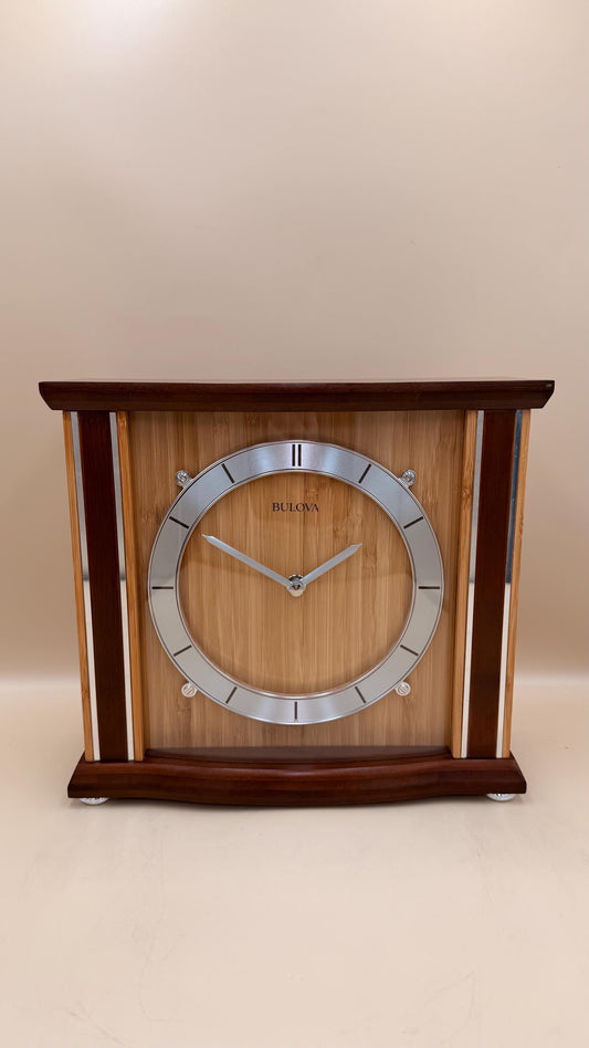 Bulova Modern Bamboo Wood Mantel Clock – Minimalist Quartz Shelf Clock – Contemporary Home Décor