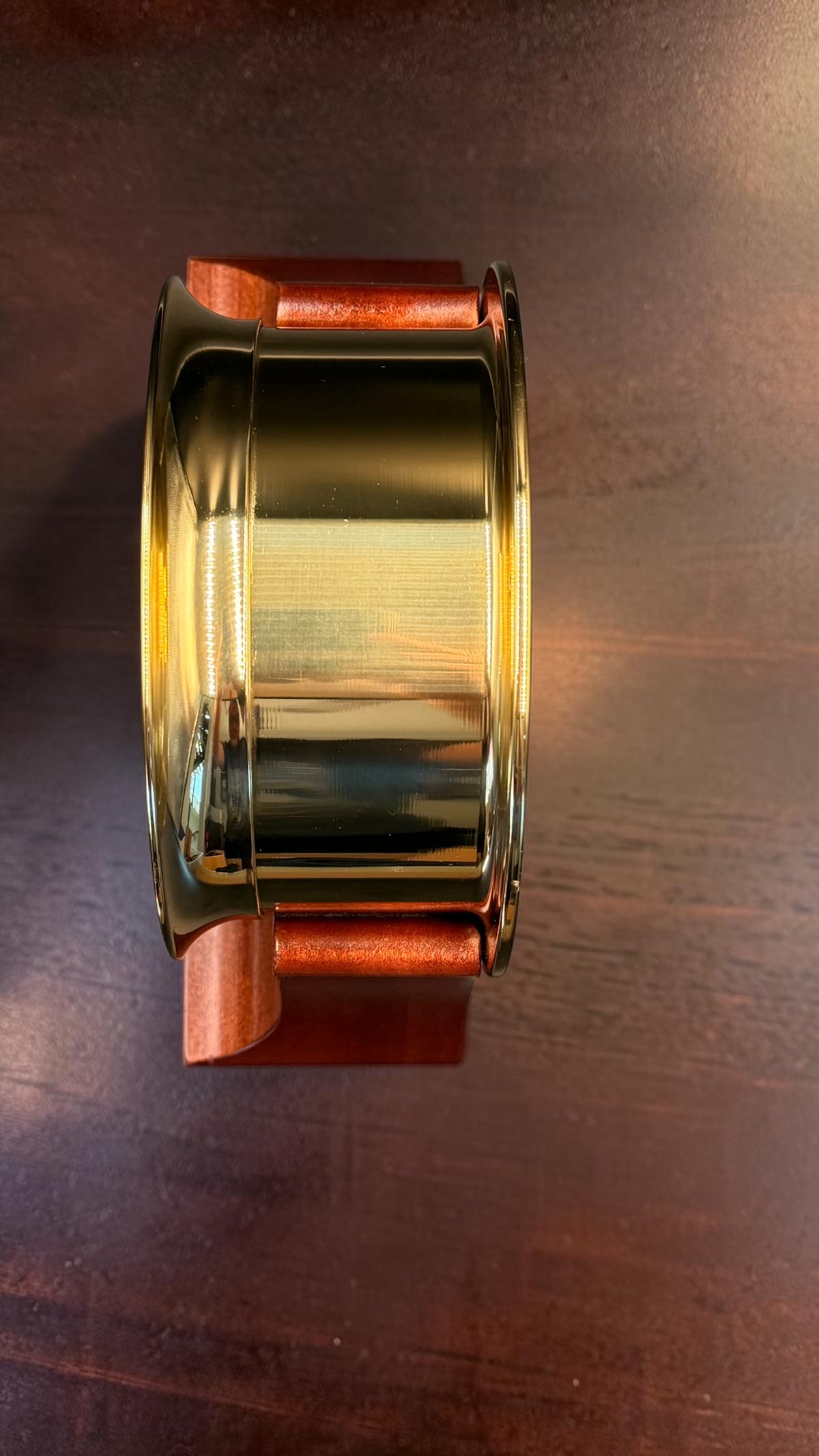 Polished brass Chelsea Newport clock case viewed from the side